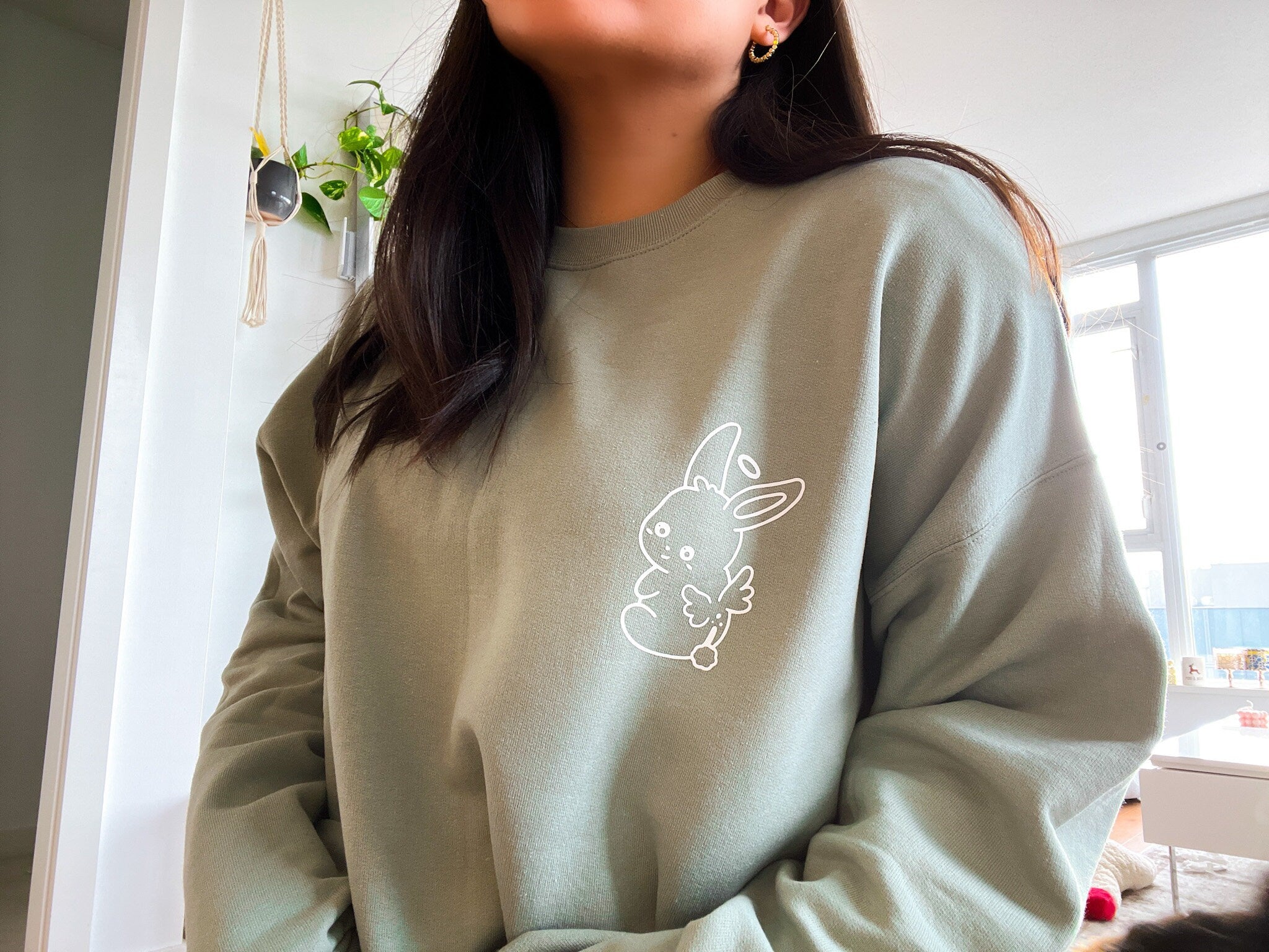 Bunny Crewneck | Oversized Sweatshirt Sage Green Soft Fleece Comfy Jumper Cute Rabbit Angel Bunny Butt Recycled Sustainable Clothing