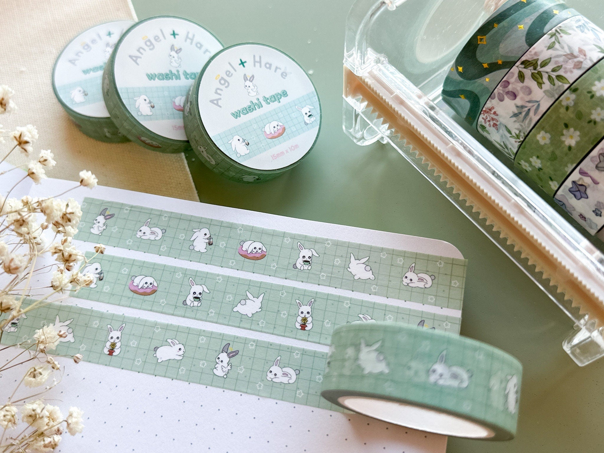 Bunny Adventures Washi Tape | Rabbit Lifestyle Journal Washi Tapes Japanese Cute Animal Kawaii Masking Tape Green Sticker Planner Craft Tape