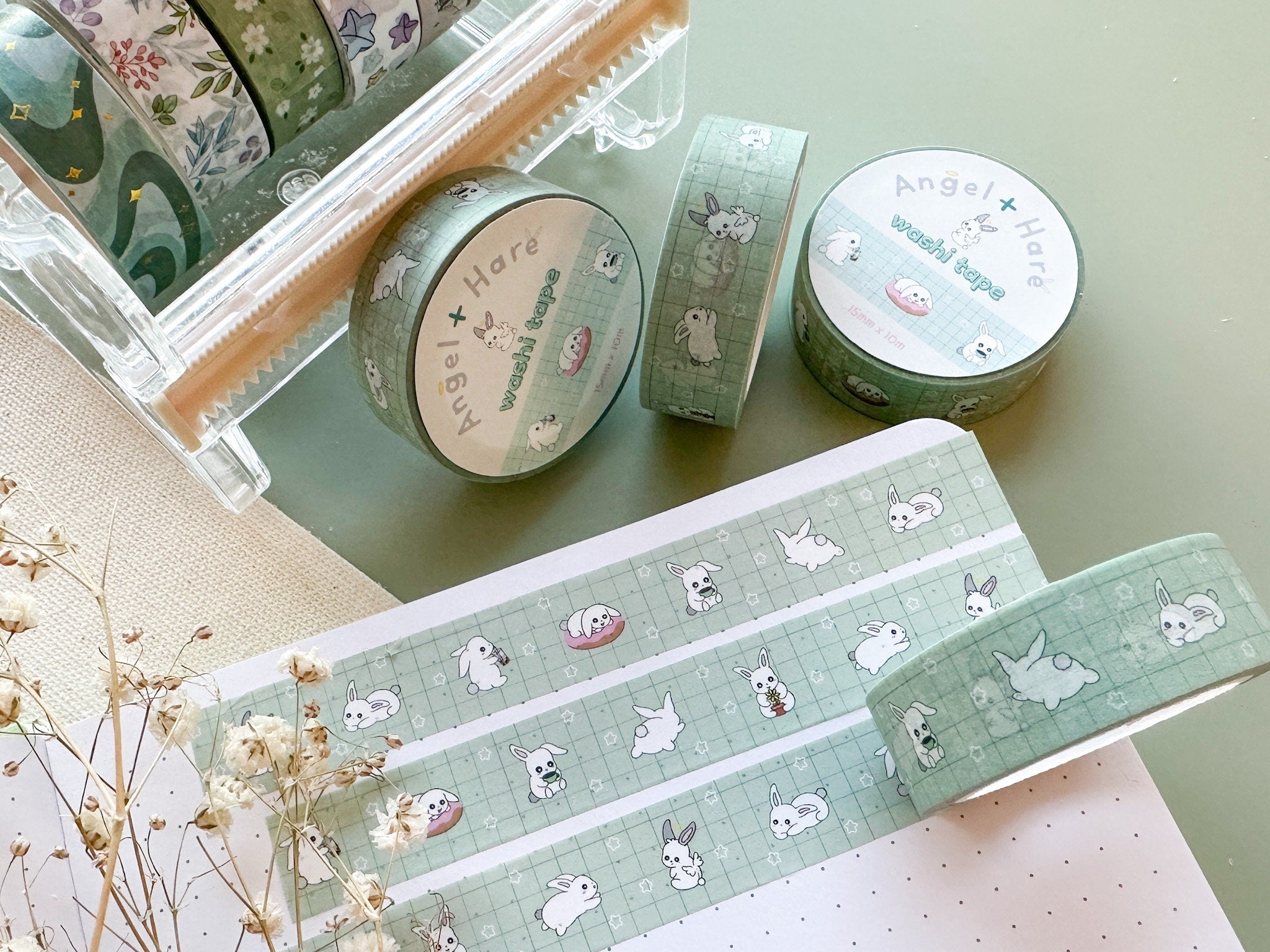 Bunny Adventures Washi Tape | Rabbit Lifestyle Journal Washi Tapes Japanese Cute Animal Kawaii Masking Tape Green Sticker Planner Craft Tape