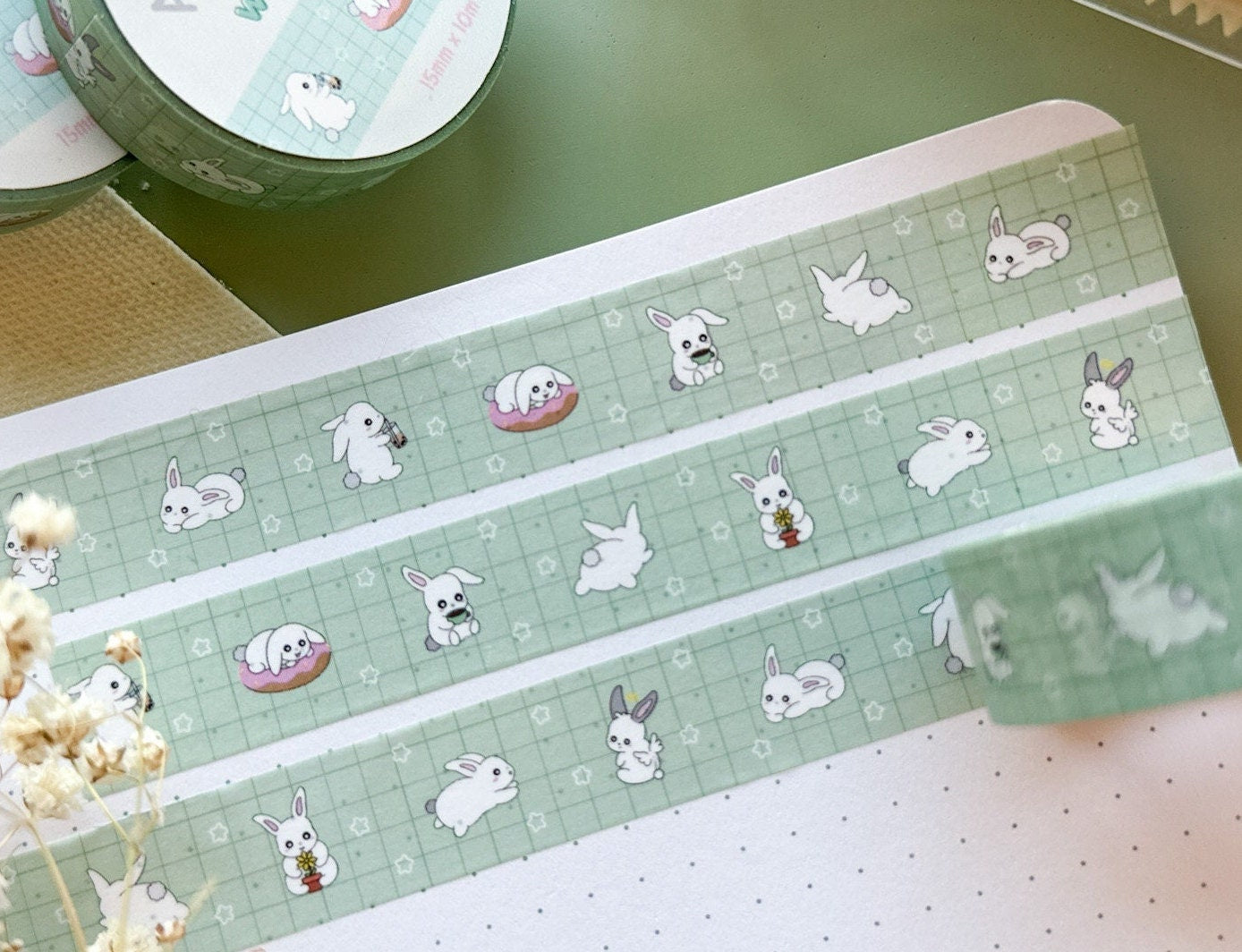 Bunny Adventures Washi Tape | Rabbit Lifestyle Journal Washi Tapes Japanese Cute Animal Kawaii Masking Tape Green Sticker Planner Craft Tape