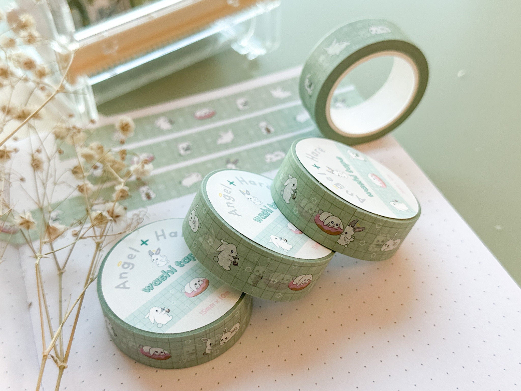 Bunny Adventures Washi Tape | Rabbit Lifestyle Journal Washi Tapes Japanese Cute Animal Kawaii Masking Tape Green Sticker Planner Craft Tape