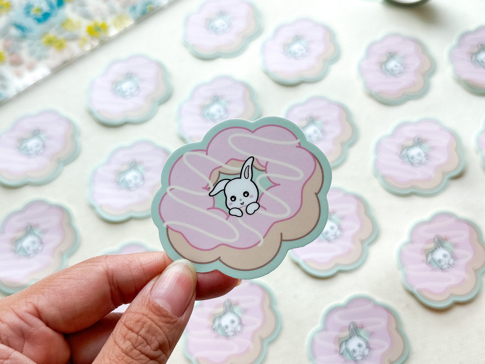 Mochi Donut Waterproof Sticker | Cute Bunny Vinyl Sticker Outdoor Decal Water Bottle Sticker Kawaii Rabbit Animal Dessert Matte Sticker