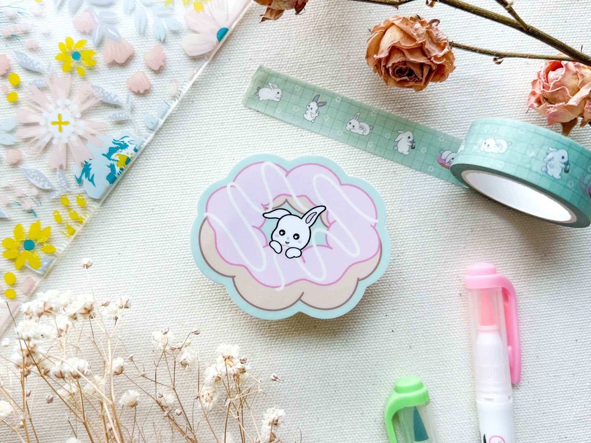 Mochi Donut Waterproof Sticker | Cute Bunny Vinyl Sticker Outdoor Decal Water Bottle Sticker Kawaii Rabbit Animal Dessert Matte Sticker