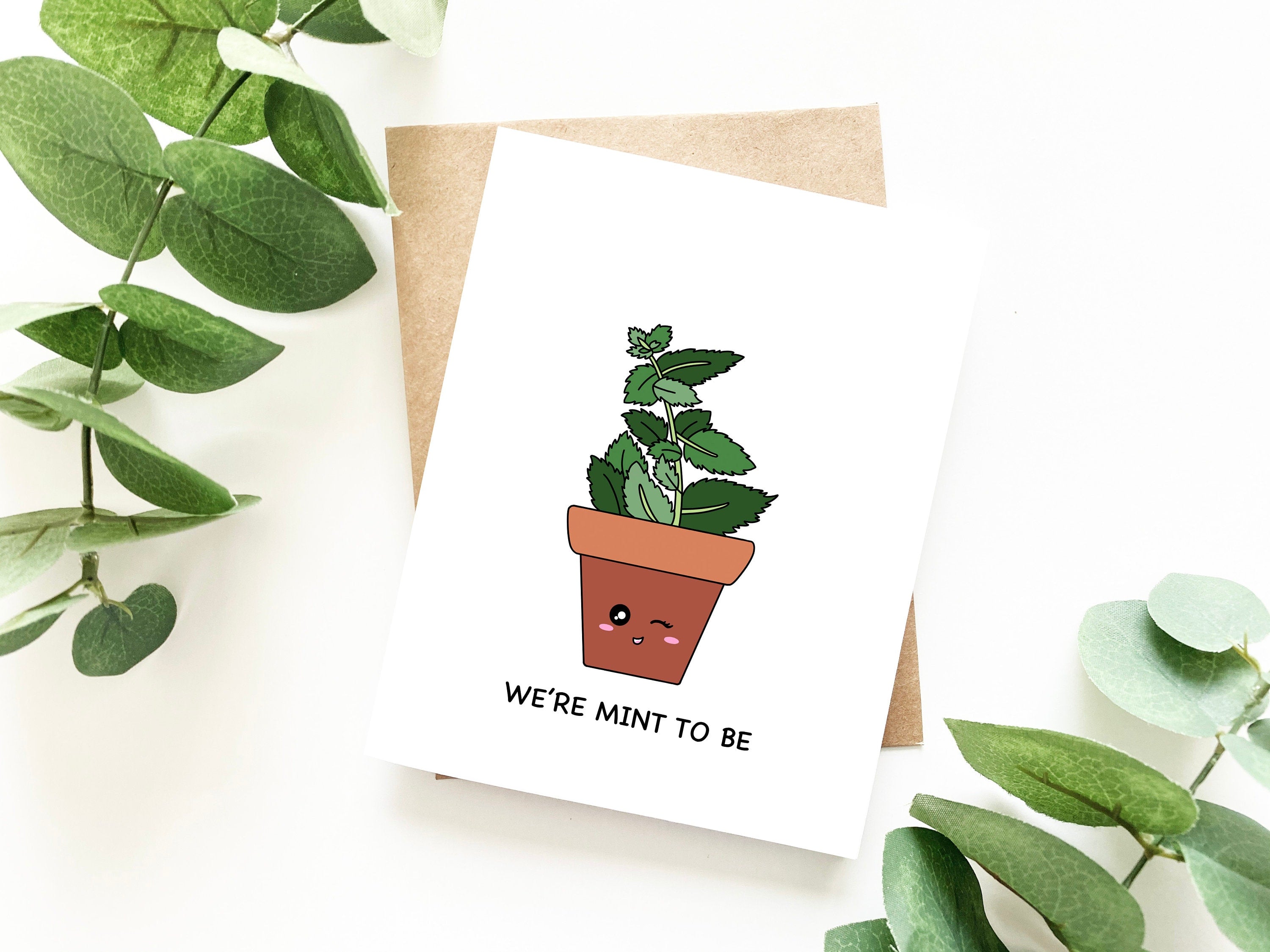 We're Mint To Be | Valentine's Love Card Cute Potted Mint Plant Love Friendship Anniversary Card Punny Greeting Card | Angel + Hare