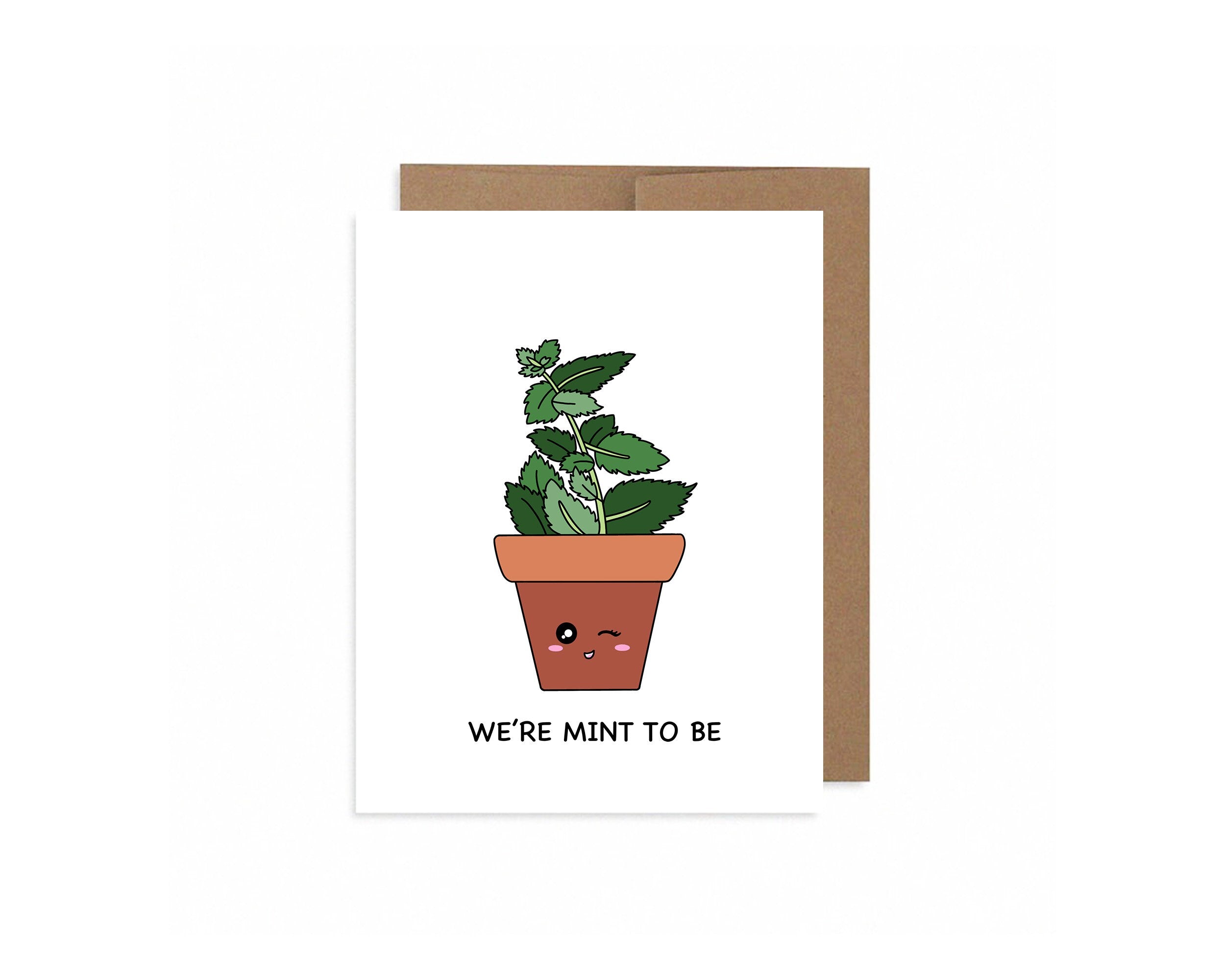 We're Mint To Be | Valentine's Love Card Cute Potted Mint Plant Love Friendship Anniversary Card Punny Greeting Card | Angel + Hare