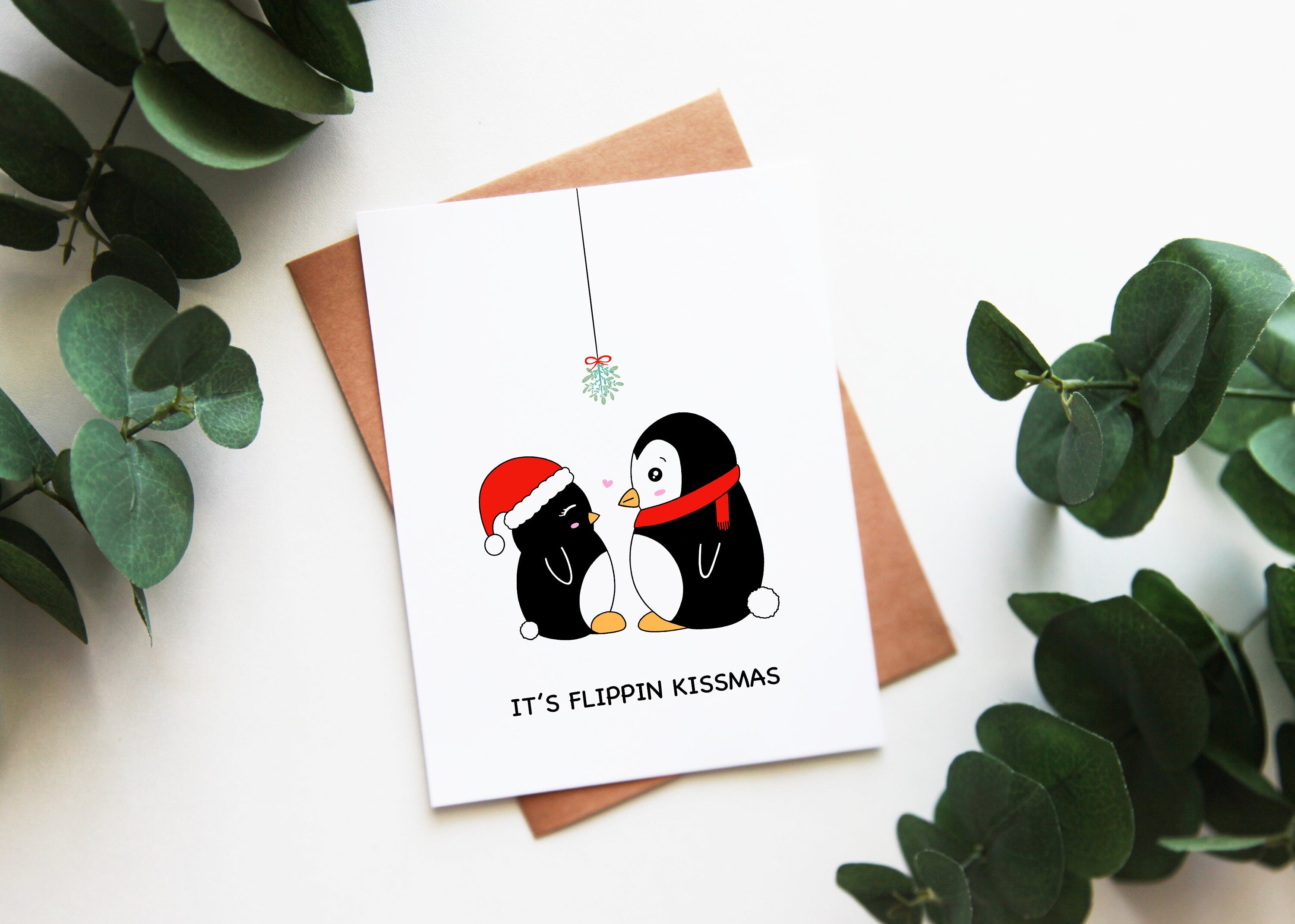 It's Flippin Kissmas | Penguin Christmas Card Holiday Greetings Cute Couples Funny Xmas Wishes Mistletoe Christmas Collection | Angel + Hare