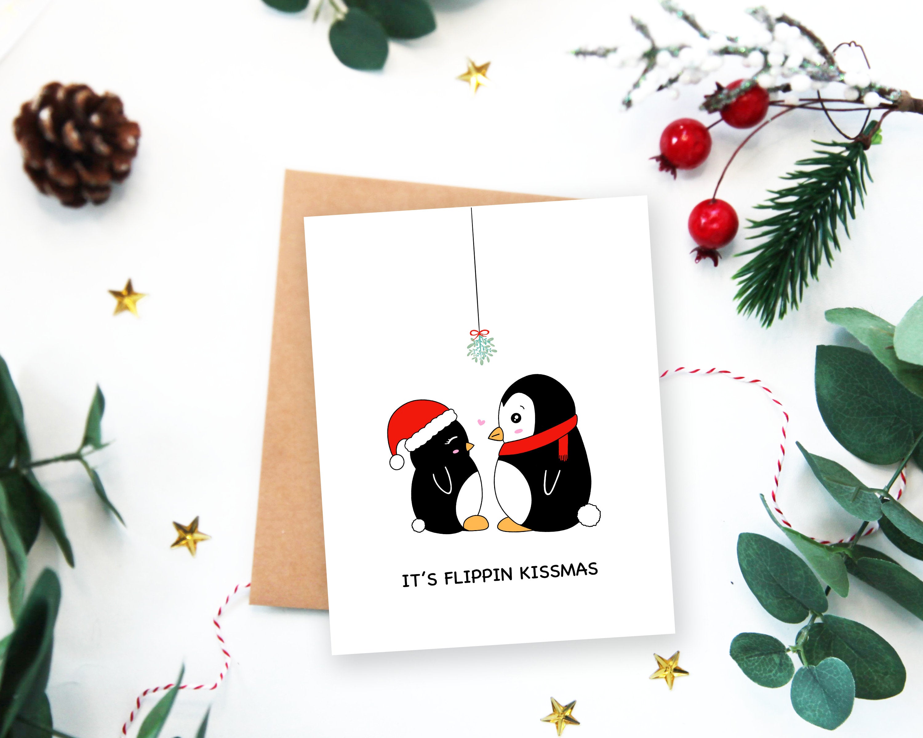 It's Flippin Kissmas | Penguin Christmas Card Holiday Greetings Cute Couples Funny Xmas Wishes Mistletoe Christmas Collection | Angel + Hare