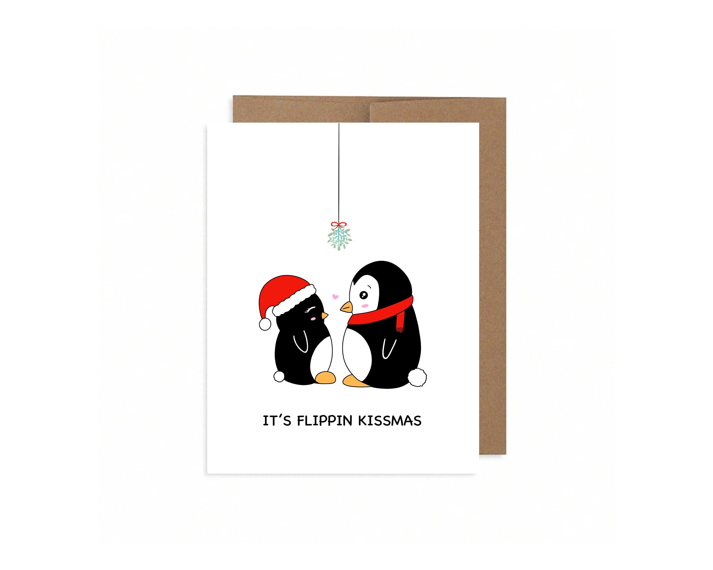 It's Flippin Kissmas | Penguin Christmas Card Holiday Greetings Cute Couples Funny Xmas Wishes Mistletoe Christmas Collection | Angel + Hare