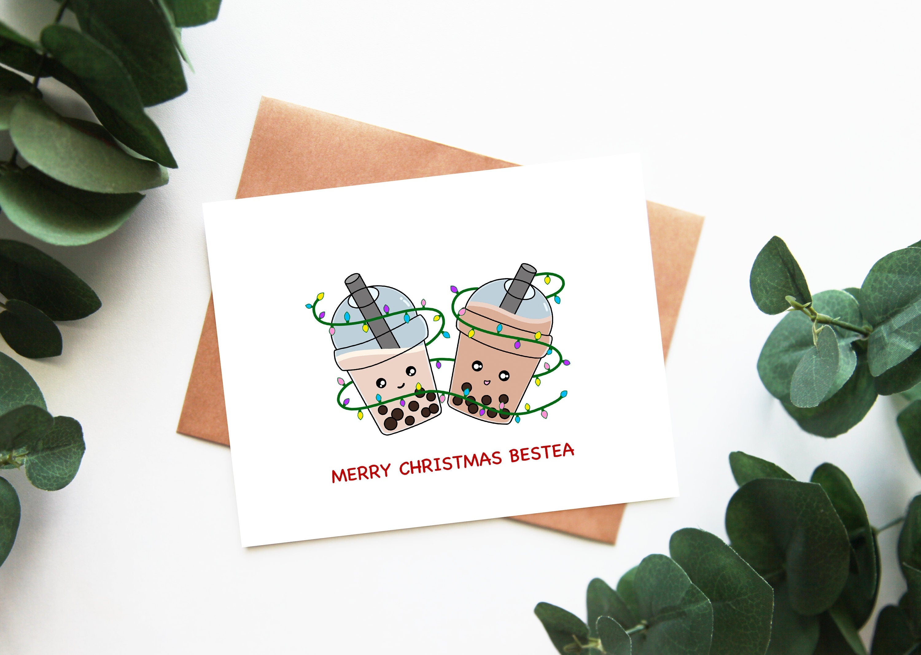 Merry Christmas Bestea | Bestie Card Cute Bubble Tea Christmas Card For Best Friend Besties Boba Asian Food Holiday Gift Xmas Lights
