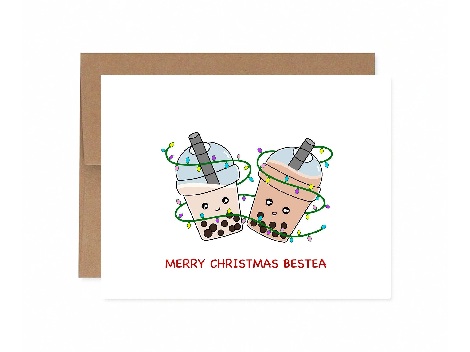 Merry Christmas Bestea | Bestie Card Cute Bubble Tea Christmas Card For Best Friend Besties Boba Asian Food Holiday Gift Xmas Lights