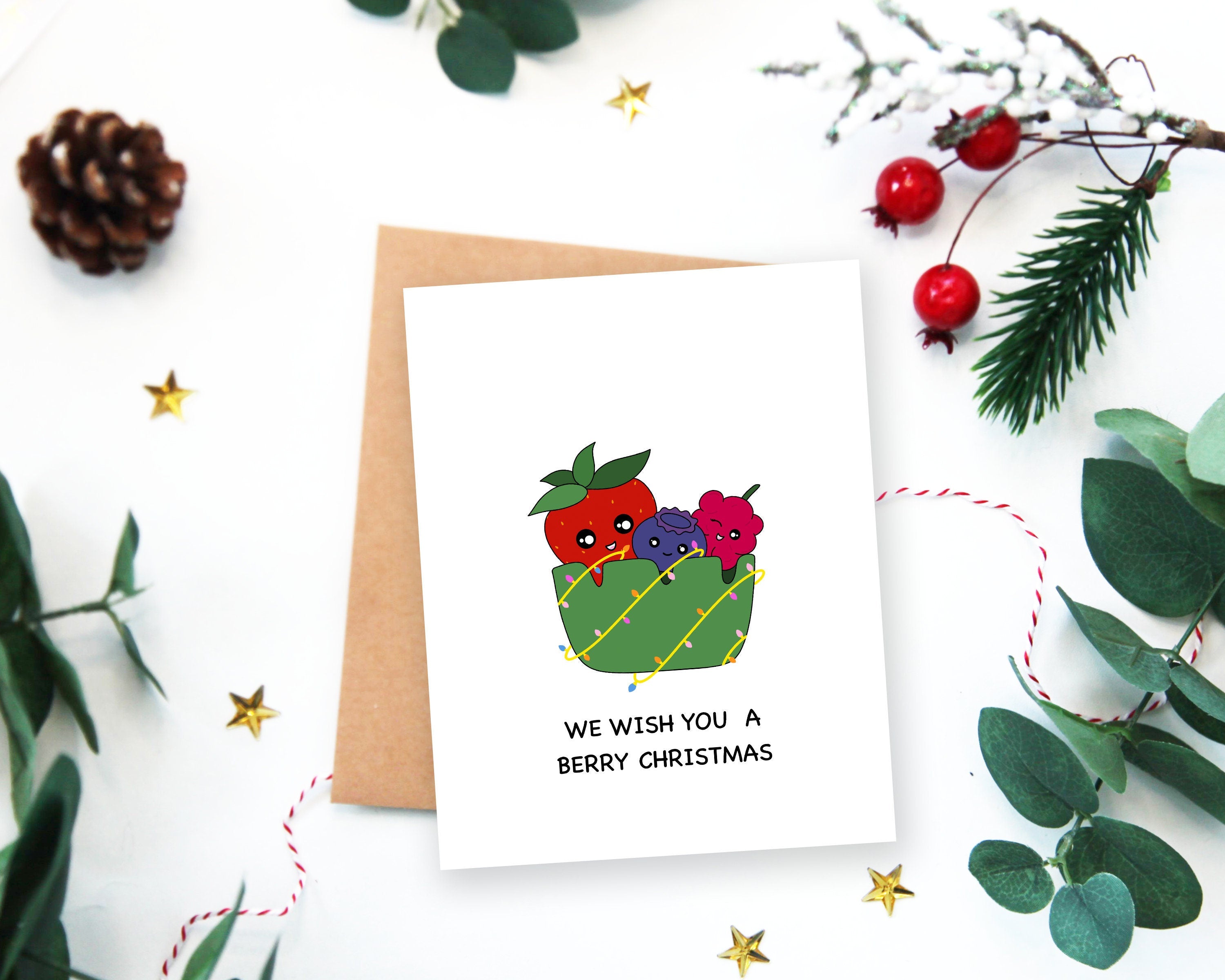 We Wish You A Berry Christmas | Cute Fruit Christmas Card Funny Seasons Greetings Strawberry Blueberry Raspberry Holiday Gift | Angel + Hare