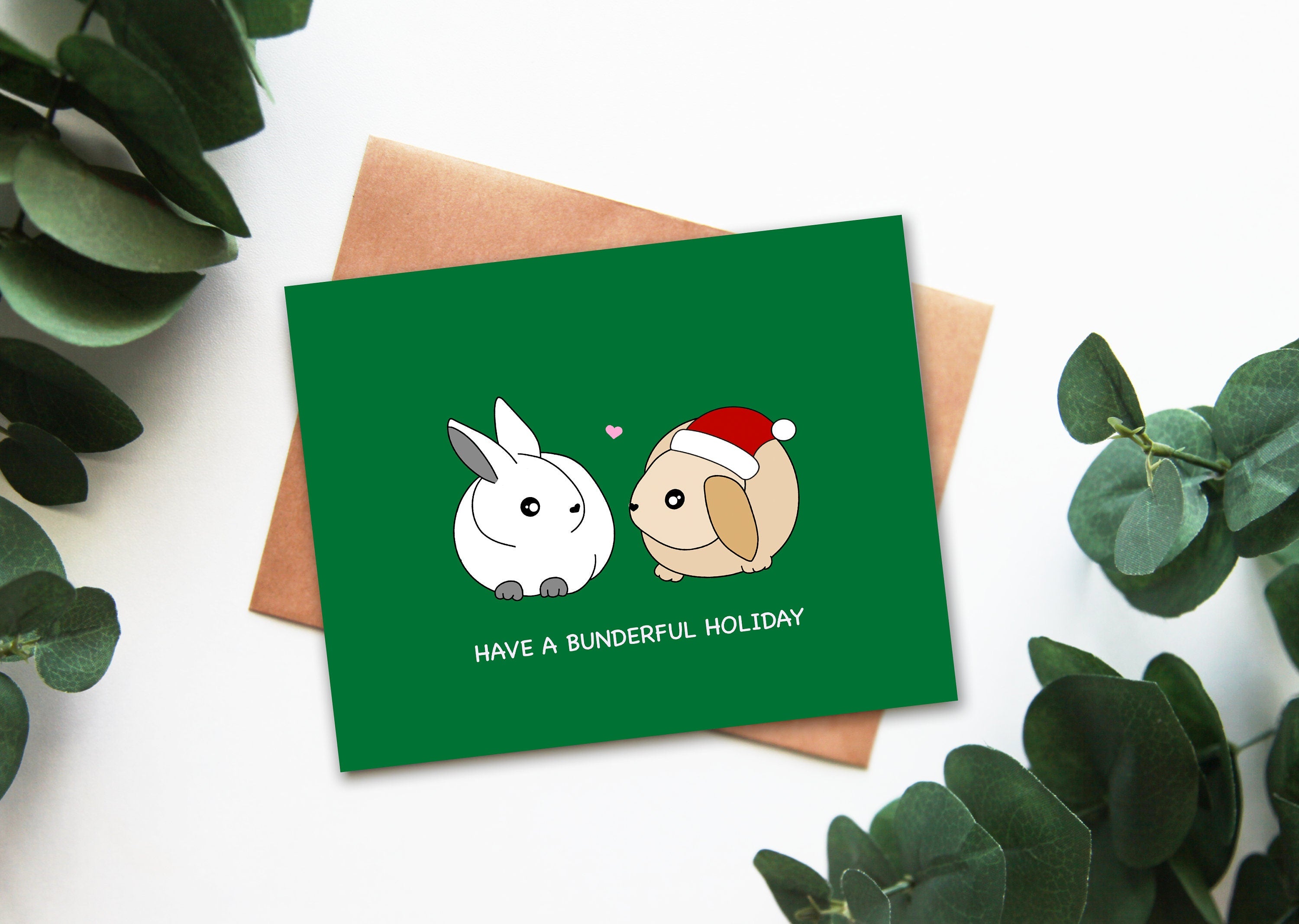 Have A Bunderful Holiday | Cute Bunny Christmas Card Rabbit Lovers Santa Hat Seasons Greetings Xmas Wishes Holiday Gift Idea | Angel + Hare