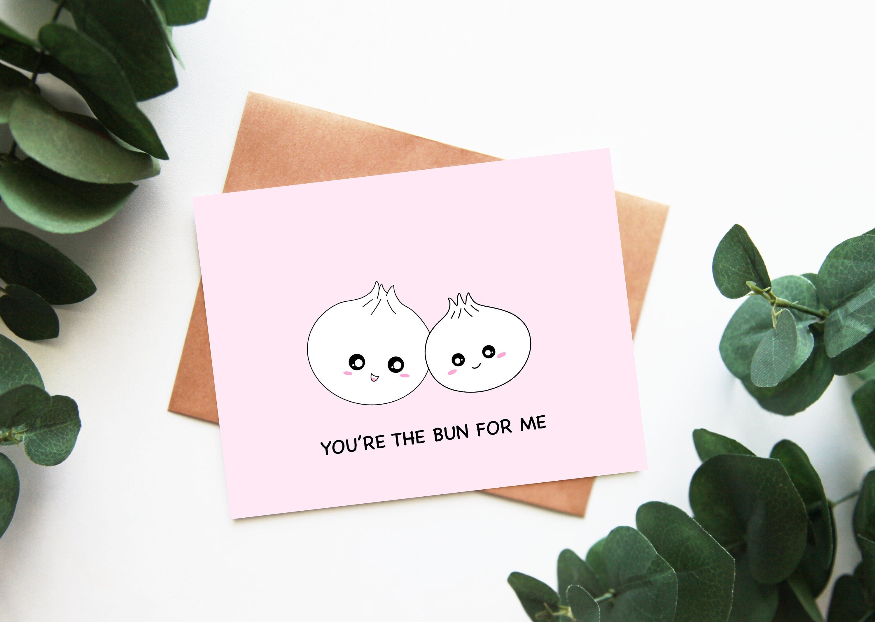 You're The Bun For Me | Cute Valentines Love Card Bao Bun Asian Food Anniversary Engagement Roommate Funny Pun Greeting Card | Angel + Hare
