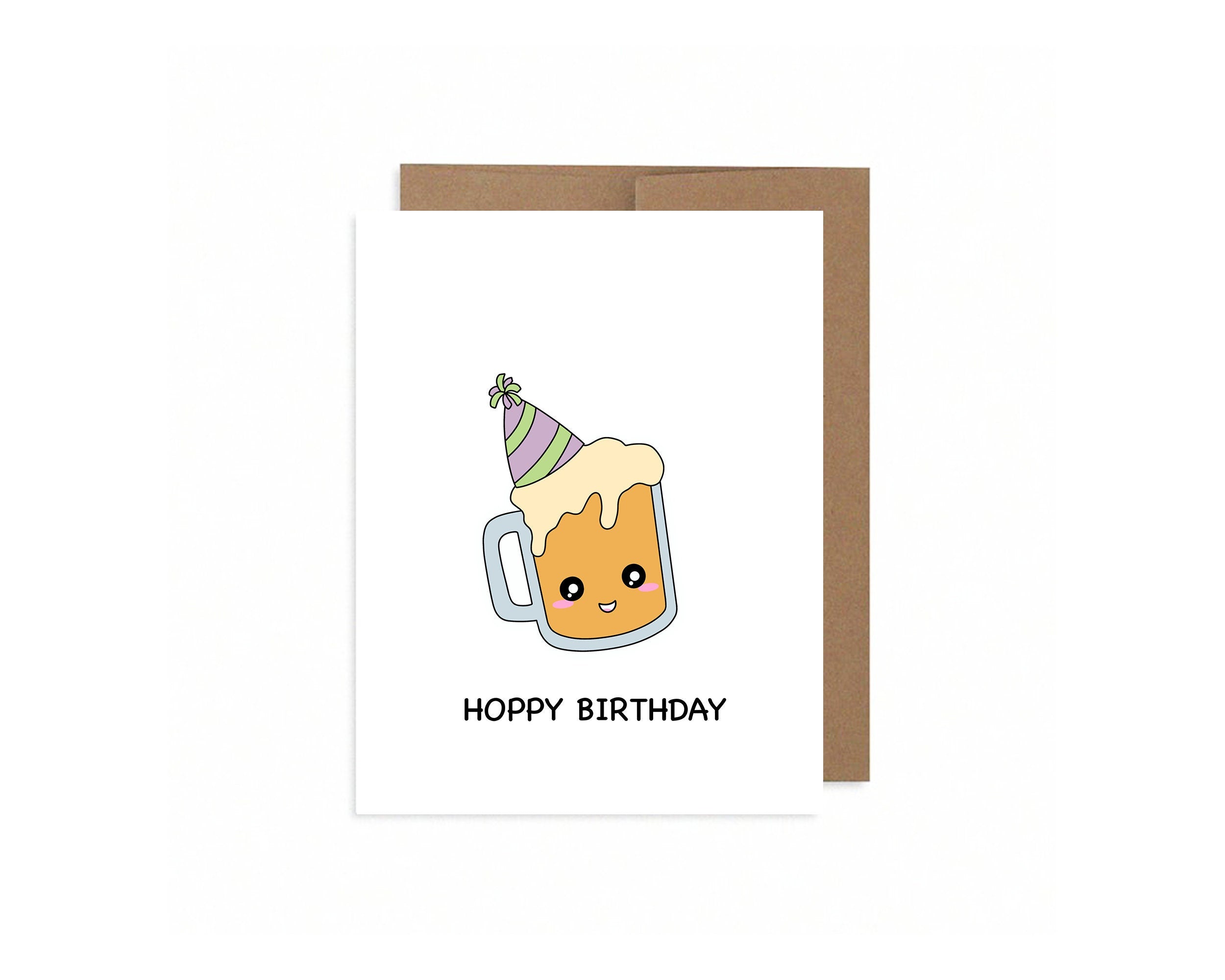 Hoppy Birthday | Beer Birthday Card Party Hat Cute Drinks Card Beer Pint Alcohol Stein Mug Punny Celebration Greeting Card | Angel + Hare