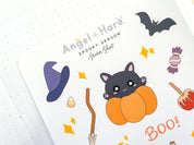 Spooky Season Sticker Sheet | Halloween October Cozy Autumn Vibes Fall Planner Journal Cute Stickers Witch Pumpkin Ghost Deco | Angel + Hare