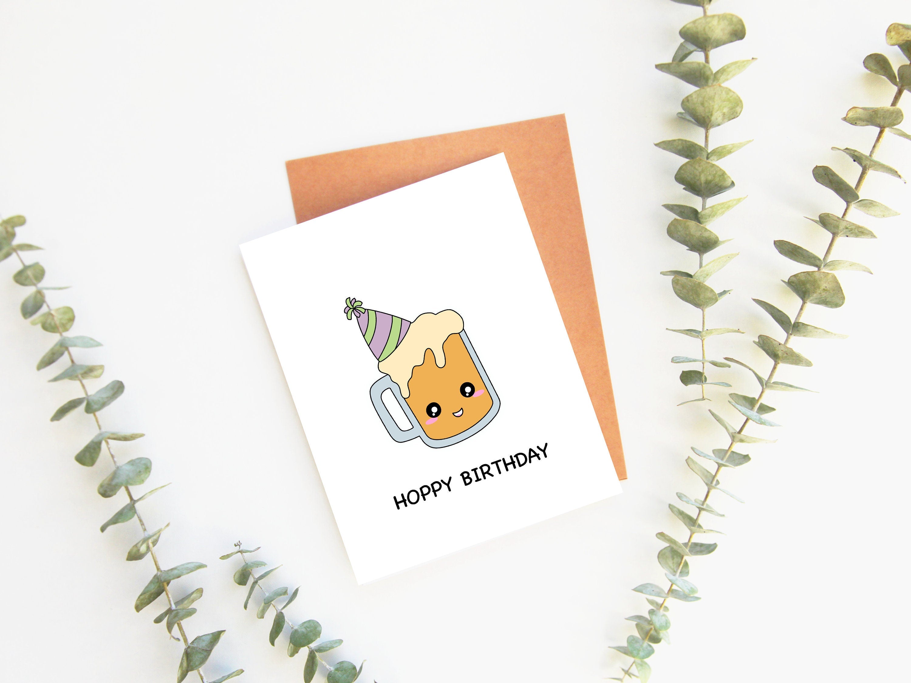 Hoppy Birthday | Beer Birthday Card Party Hat Cute Drinks Card Beer Pint Alcohol Stein Mug Punny Celebration Greeting Card | Angel + Hare