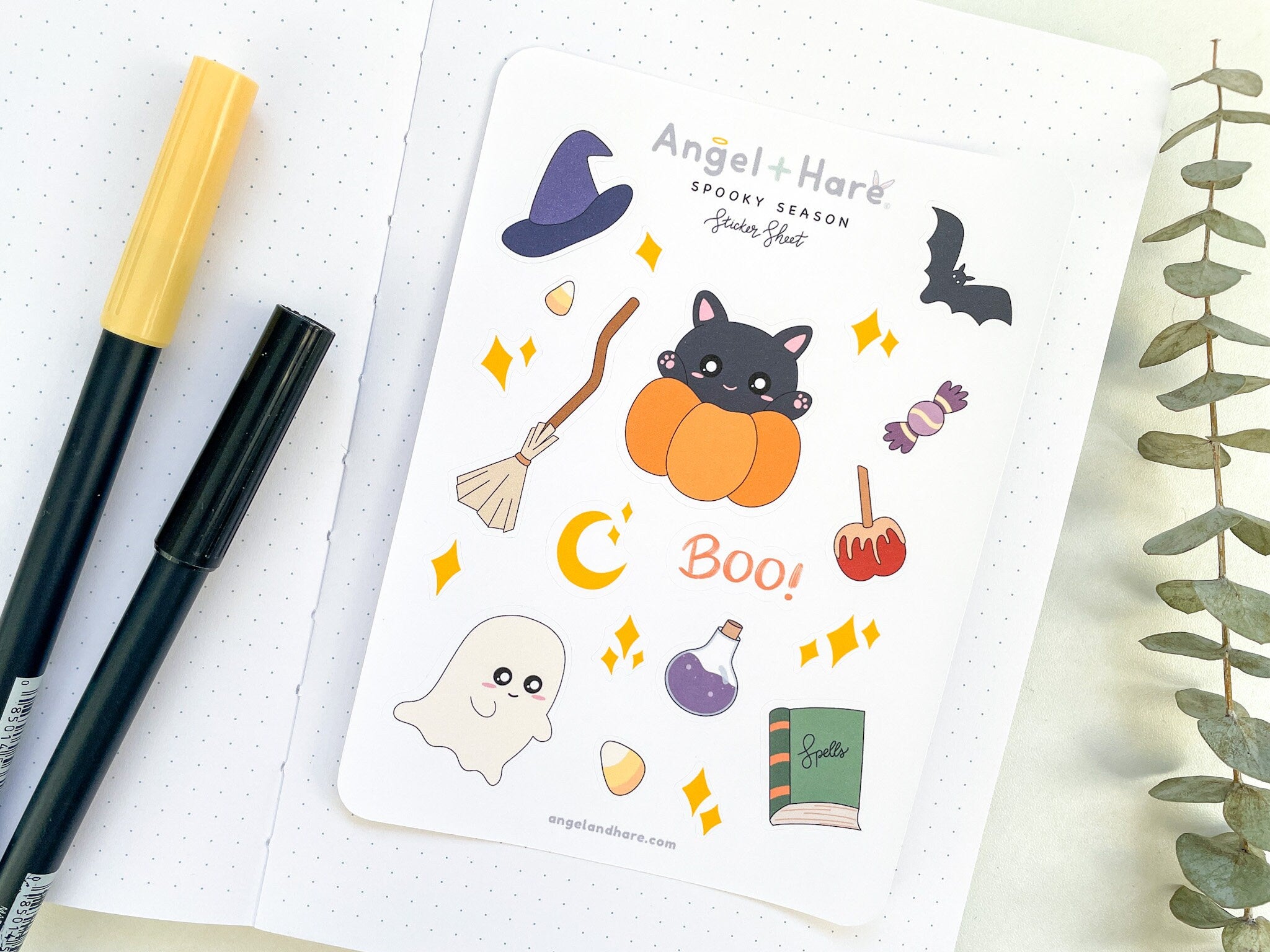 Spooky Season Sticker Sheet | Halloween October Cozy Autumn Vibes Fall Planner Journal Cute Stickers Witch Pumpkin Ghost Deco | Angel + Hare