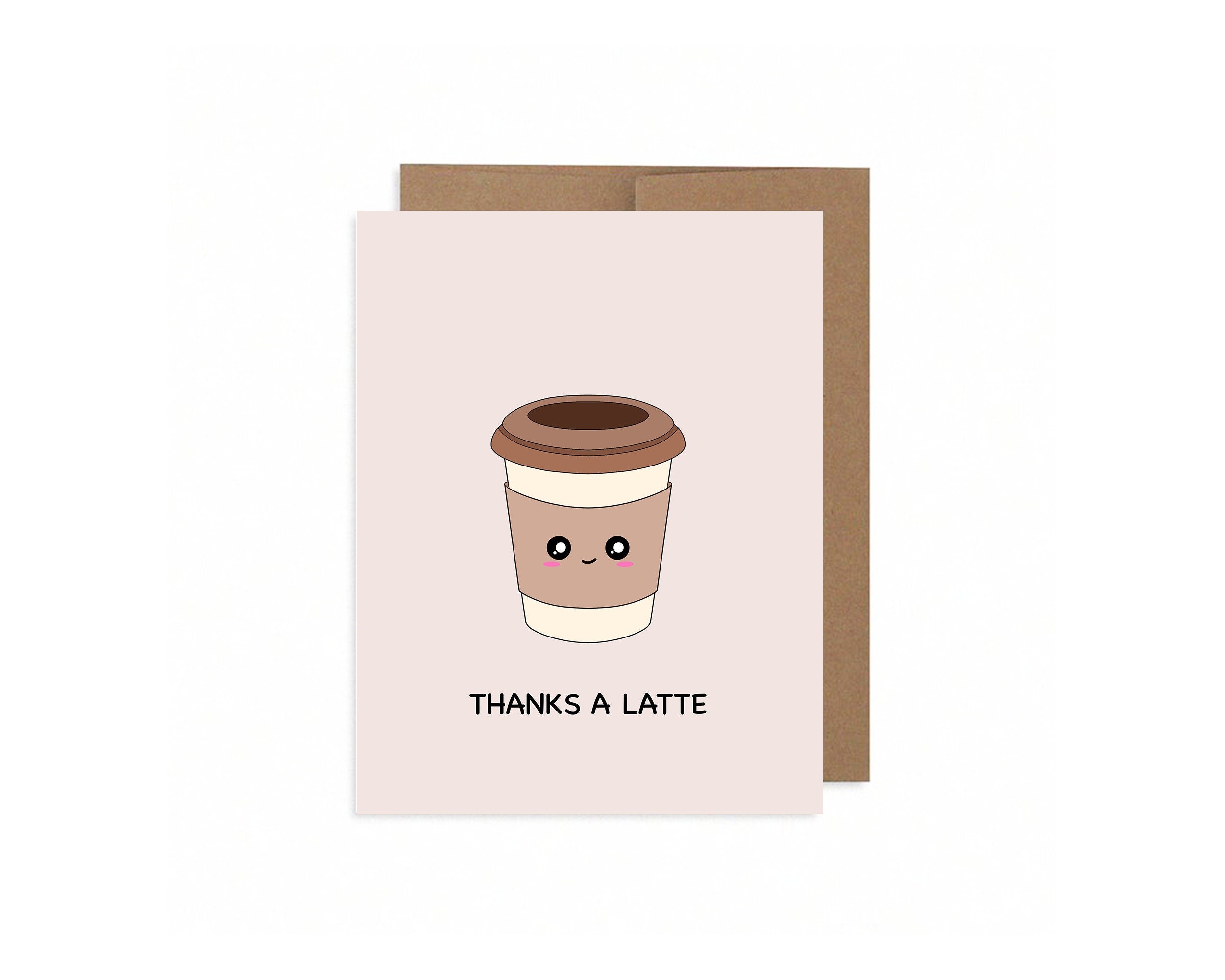 Thanks A Latte | Cute Thank You Card Coffee Cup Thanks A Lot Gratitude Greeting For Work Employee Boss Teacher Friend | Angel + Hare