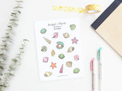 Seashells Sticker Sheet | Clear Frosted Matte Shell Stickers Ocean Nautical Theme Neutral Under the Sea Transparent Bullet Journal Stickers