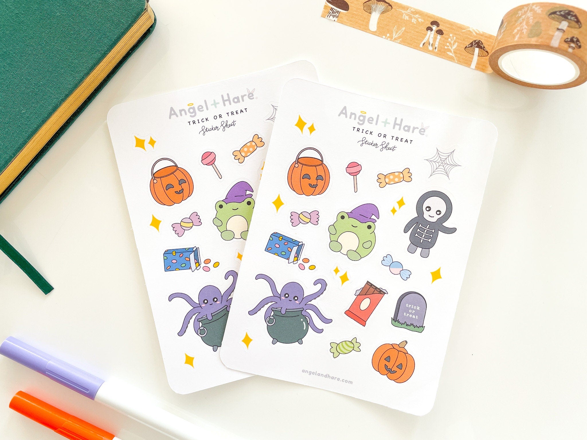 Trick or Treat Sticker Sheet | Halloween October Spooky Season Fall Pretty Journal Cute Stickers Witchy Frog Pumpkin Candy Octopus Skeleton