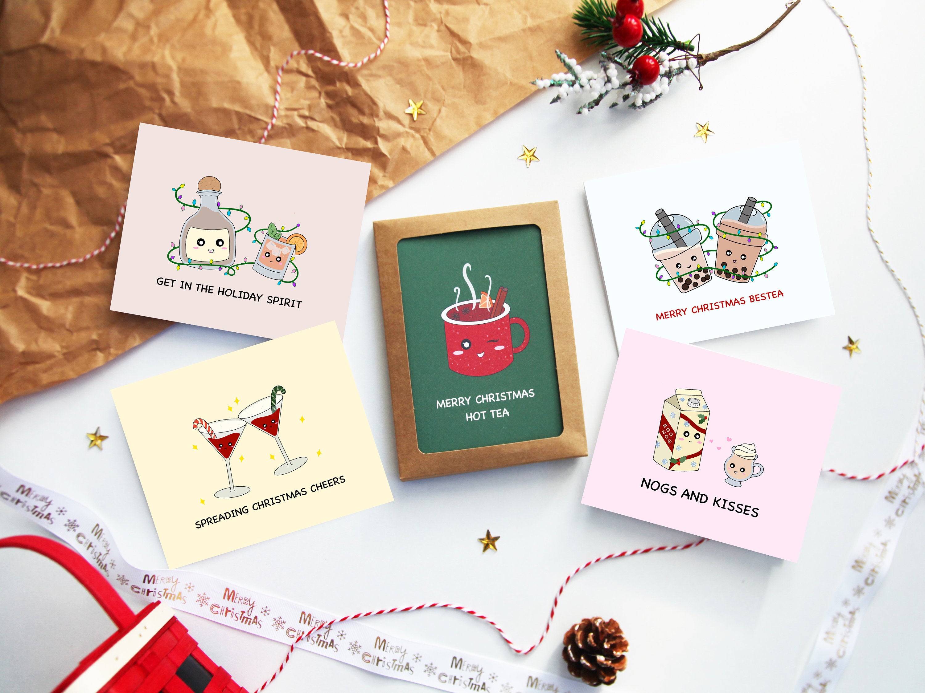 Holiday Drinks Boxed Set | 5 Card Variety Pack Christmas Cards Cute and Punny Festive Seasonal Greeting Cards For Family Friends Groups