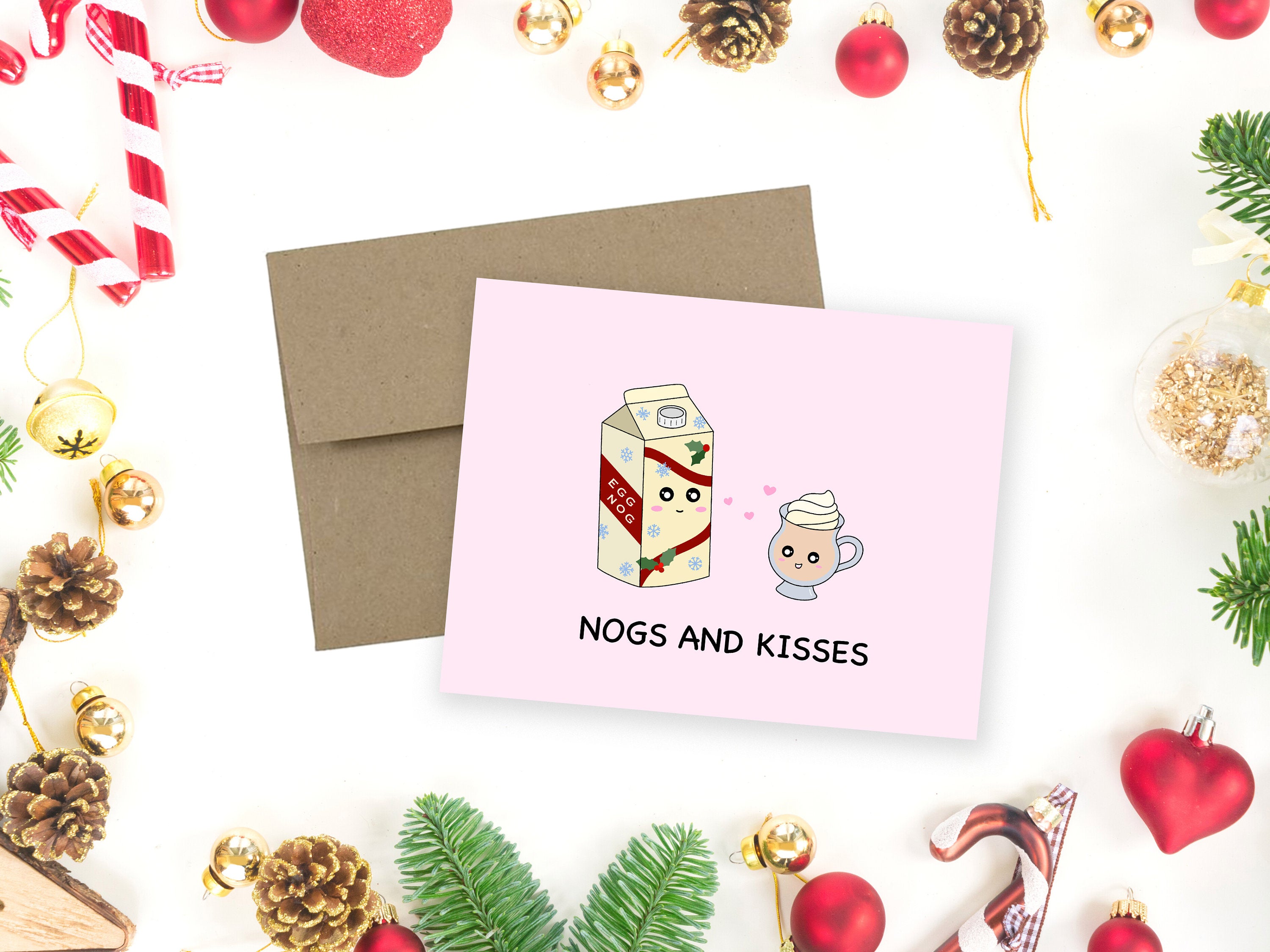 Nogs and Kisses | Holiday Greeting Card Funny Xmas Hugs and Kisses Pun Eggnog Festive Drinks Whipped Cream Cute Foodie Christmas Card Gift