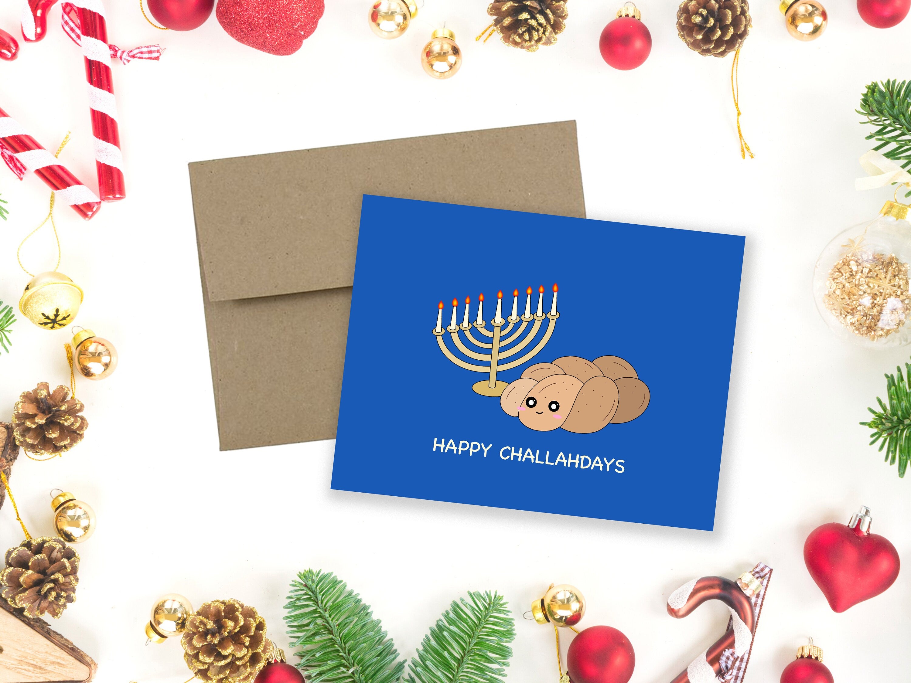 Happy Challahdays | Hanukkah Card Jewish Holiday Pun Cute Challah Bread Menorah Candles Greeting Card Happy Holidays Funny Festive Card