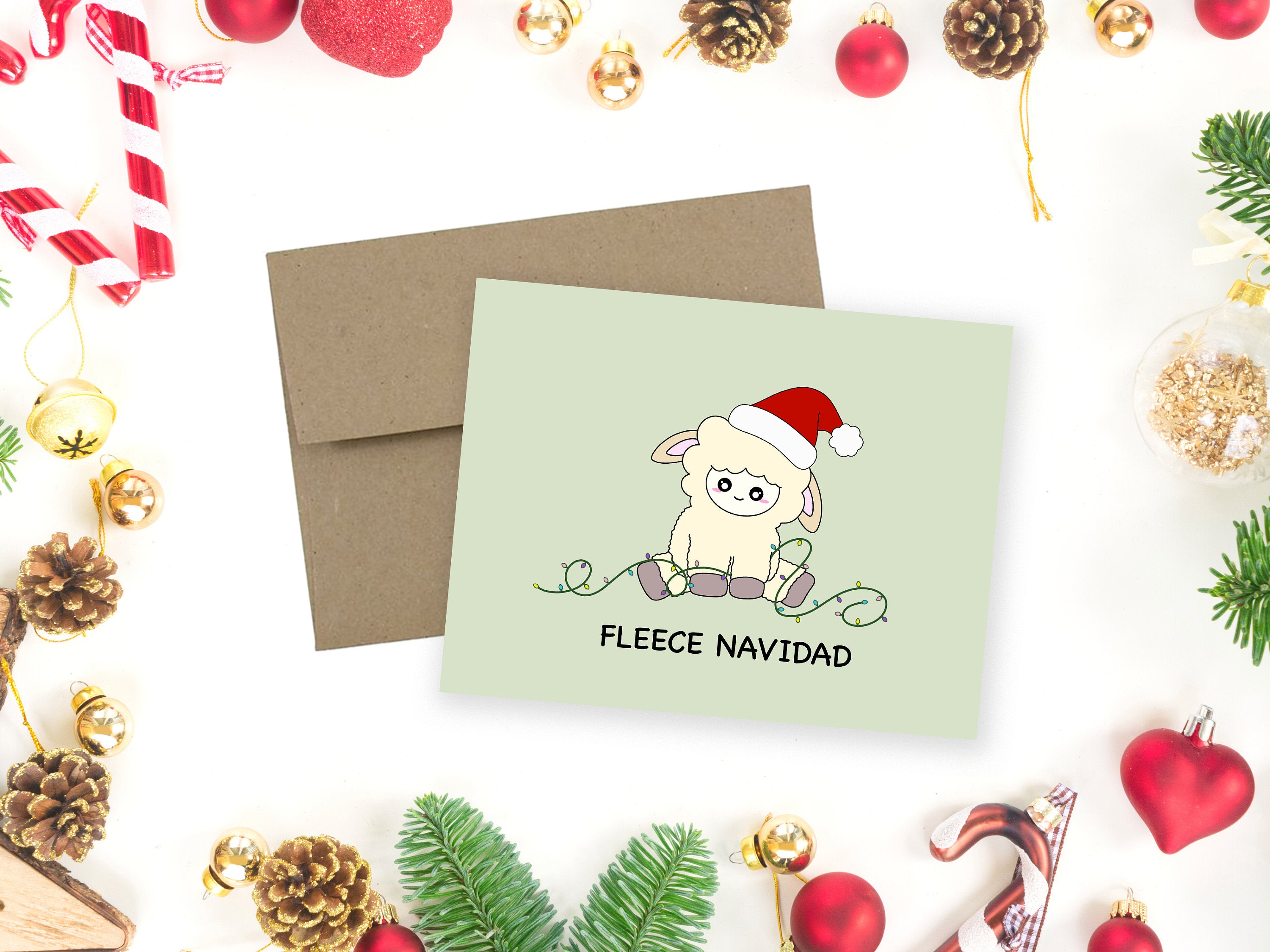 Fleece Navidad | Merry Christmas Spanish Holiday Card Cute Sheep Funny Xmas Greeting Card Lamb Wool Pun Feliz Navidad Kawaii Animal Card