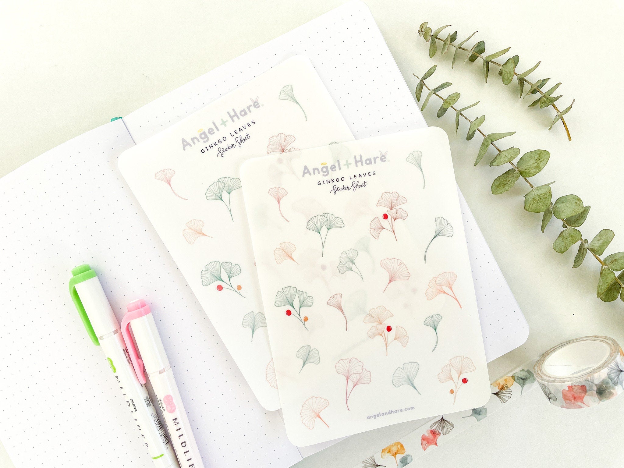 Ginkgo Leaves Sticker Sheet | Clear Frosted Matte Journal Transparent Washi Bujo Planner Deco Stickers Japanese Branch Spring Floral Leaves