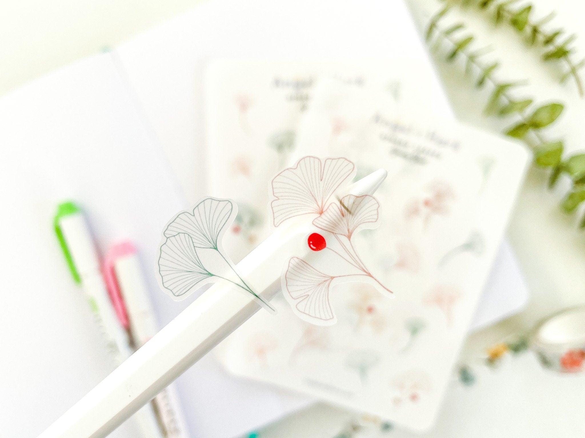 Ginkgo Leaves Sticker Sheet | Clear Frosted Matte Journal Transparent Washi Bujo Planner Deco Stickers Japanese Branch Spring Floral Leaves