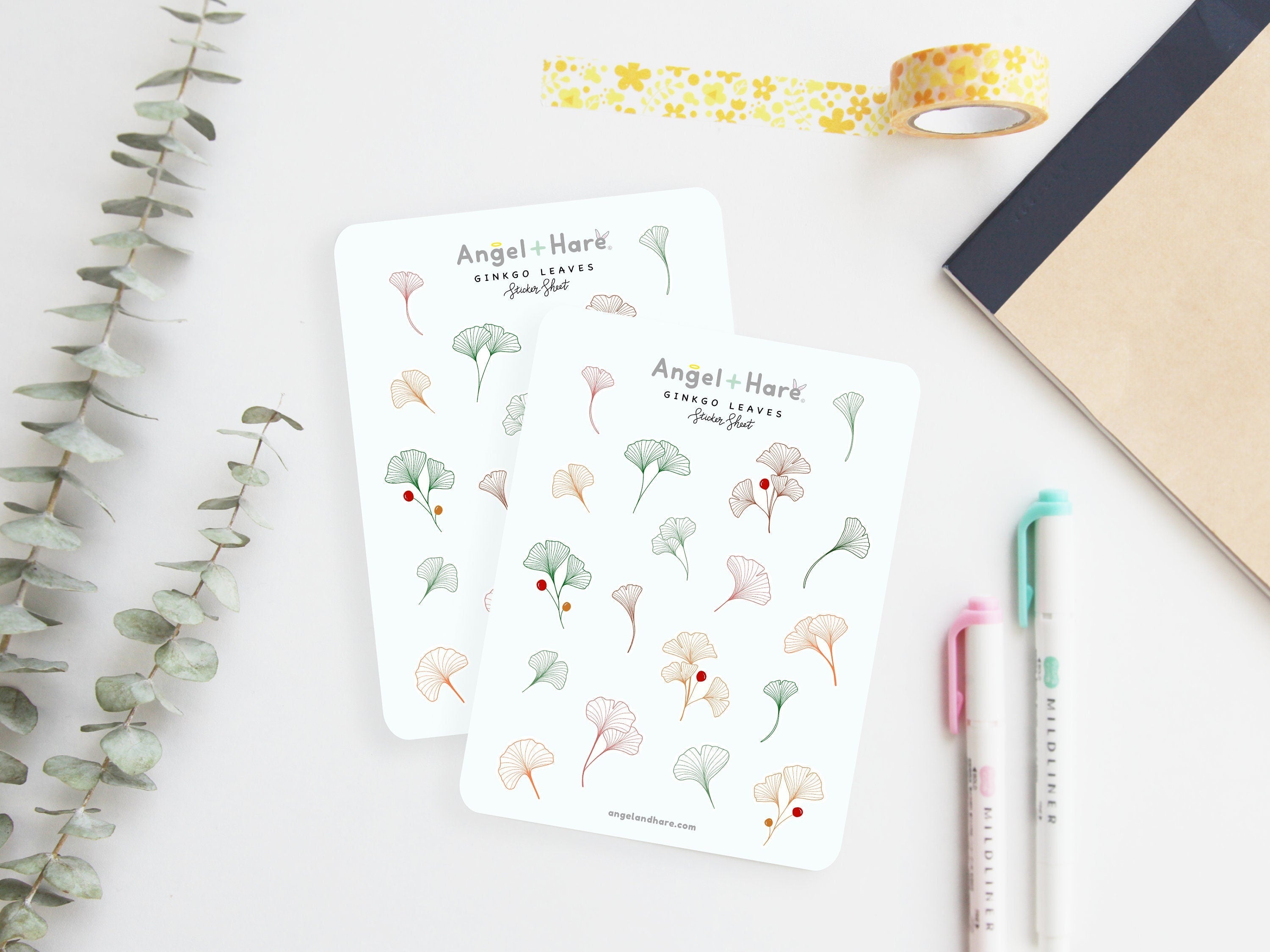 Ginkgo Leaves Sticker Sheet | Clear Frosted Matte Journal Transparent Washi Bujo Planner Deco Stickers Japanese Branch Spring Floral Leaves