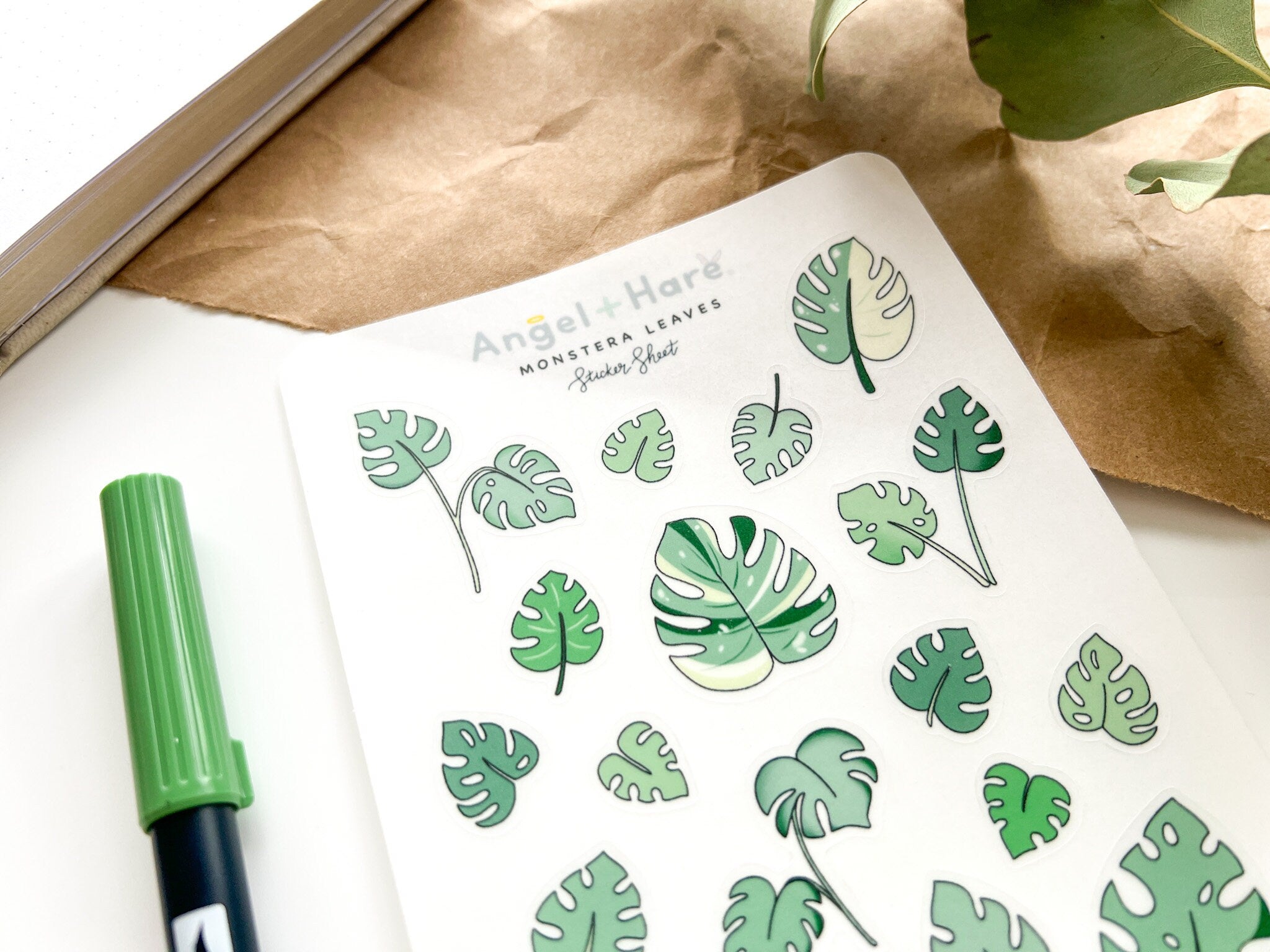 Monstera Leaves Sticker Sheet | Clear Frosted Matte Journal Aesthetic Transparent Planner Washi Stickers Variegated Thai Constellation Plant