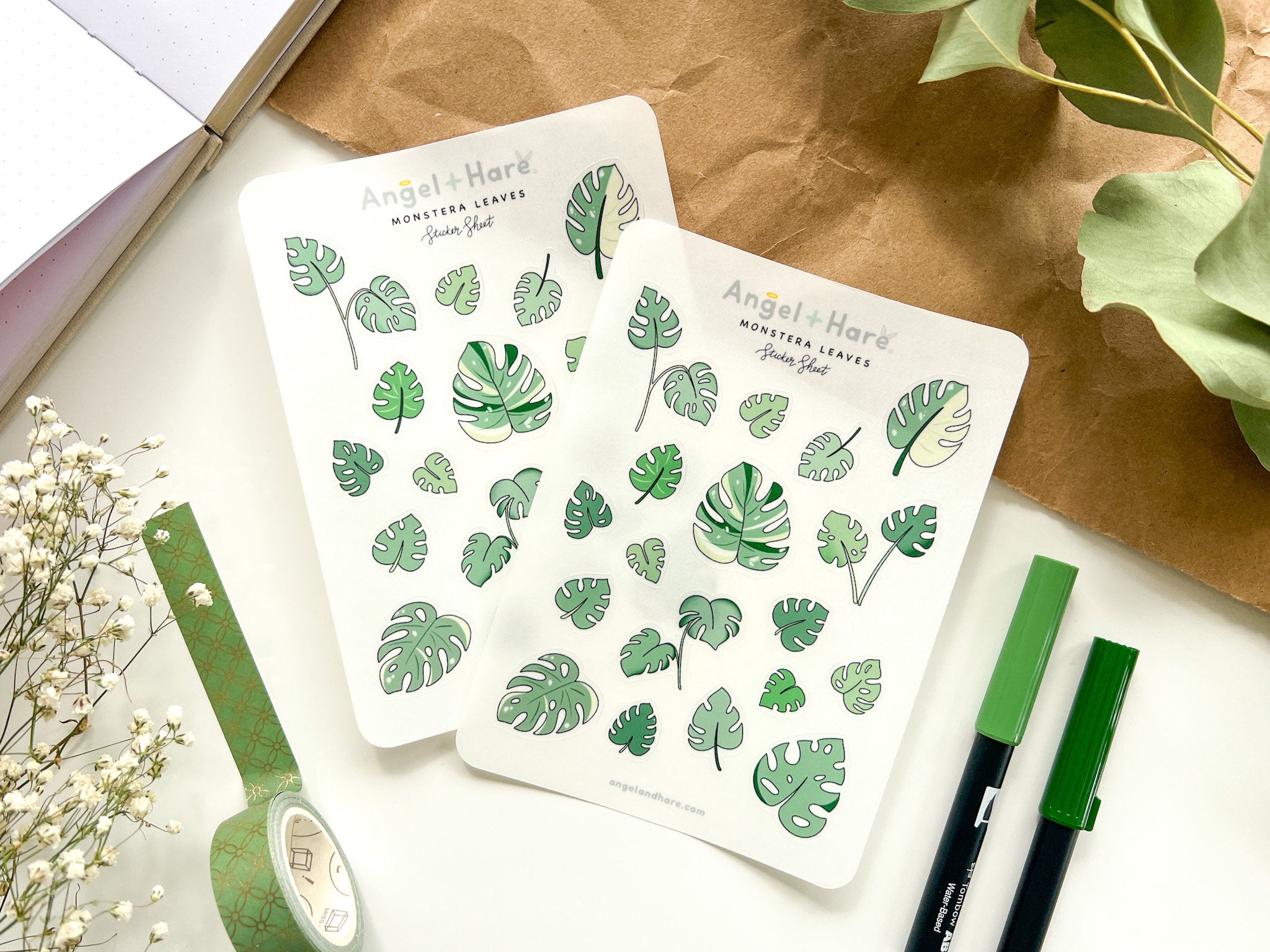 Monstera Leaves Sticker Sheet | Clear Frosted Matte Journal Aesthetic Transparent Planner Washi Stickers Variegated Thai Constellation Plant