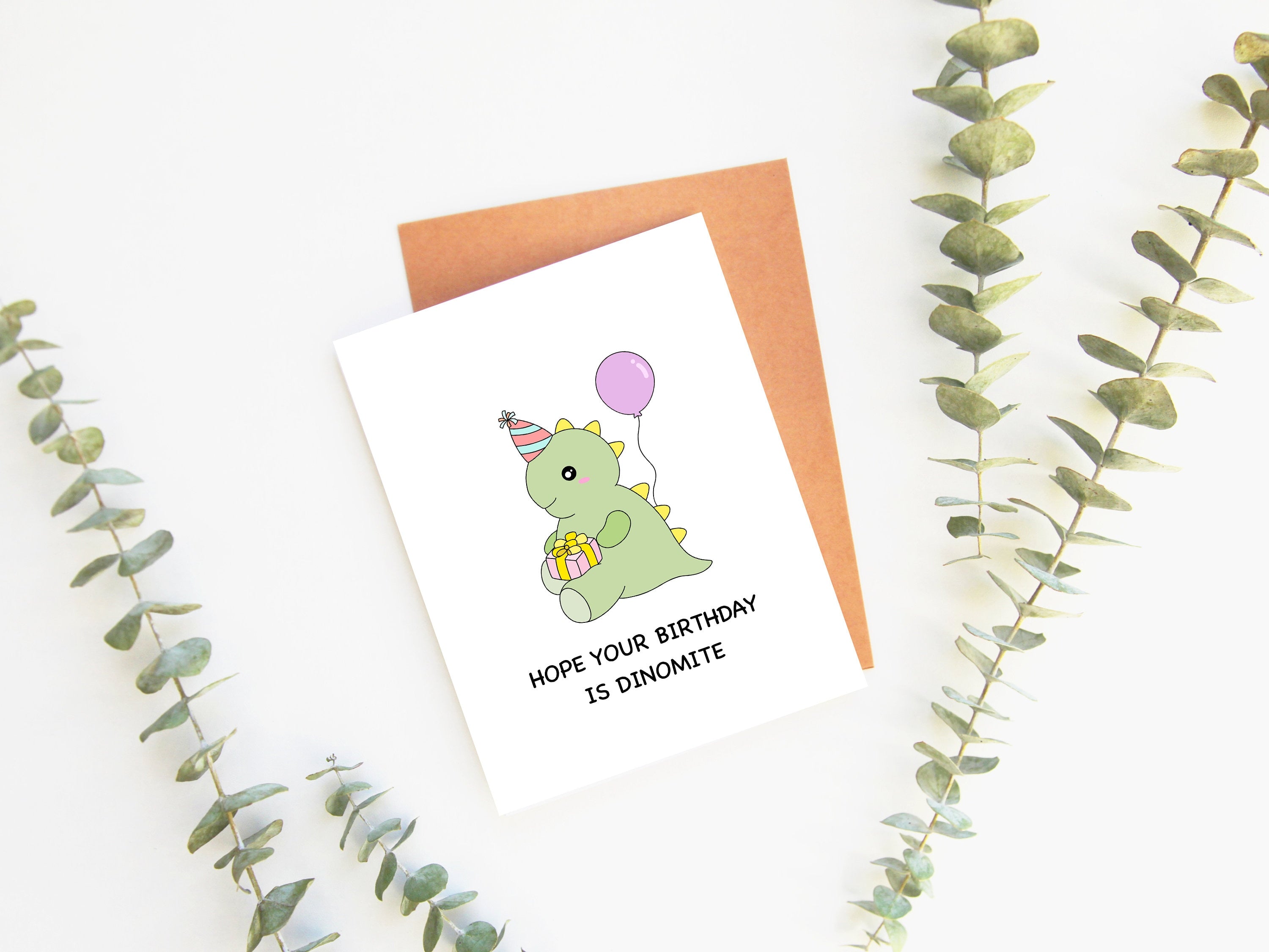 Hope Your Birthday Is Dinomite | Cute Dinosaur Birthday Card Funny Pun Bday Kawaii Chibi Dino Greeting Card | Angel + Hare