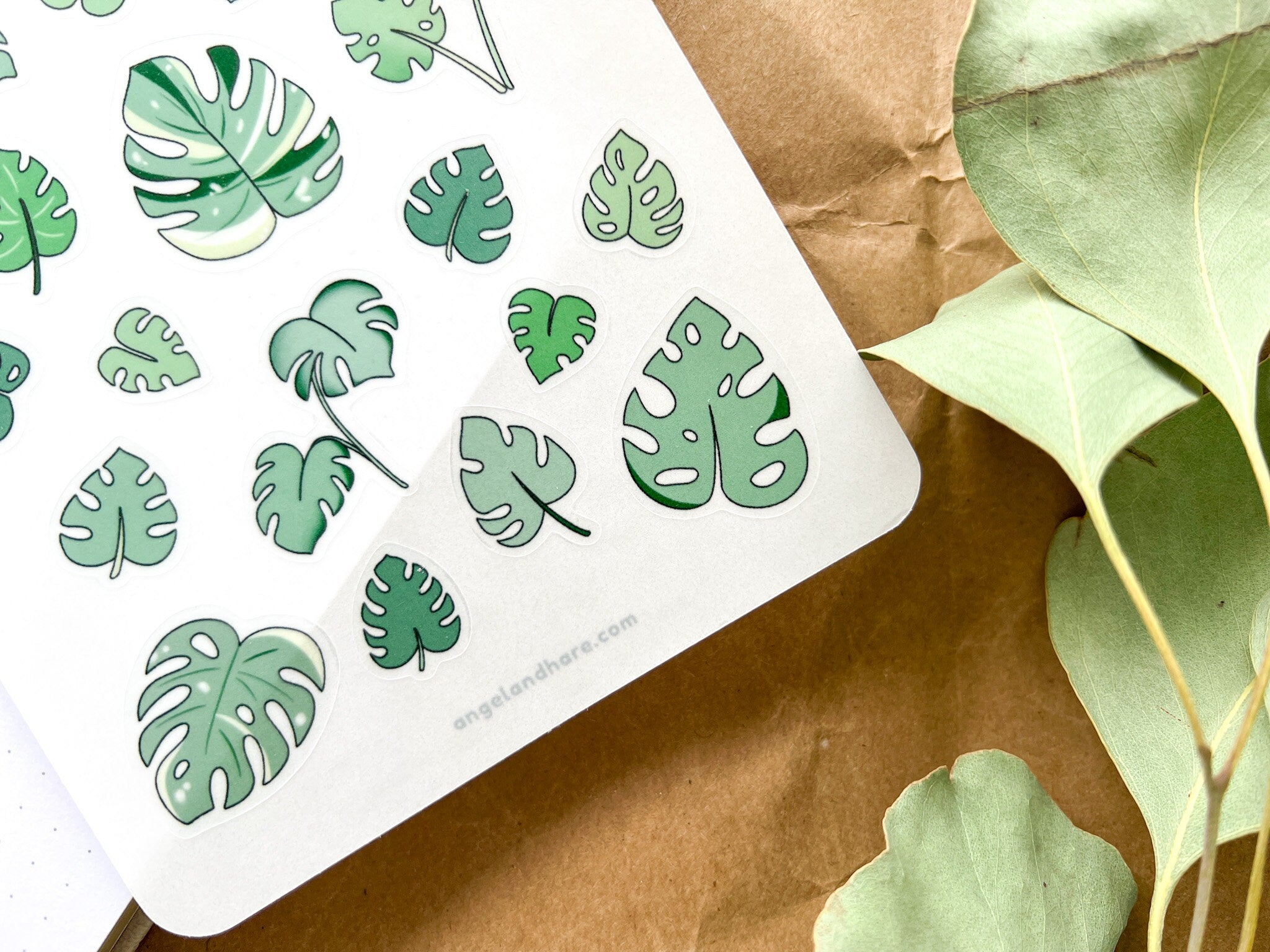 Monstera Leaves Sticker Sheet | Clear Frosted Matte Journal Aesthetic Transparent Planner Washi Stickers Variegated Thai Constellation Plant