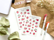 Strawberry Sticker Sheet | Clear Frosted Matte Journal Strawberry Field Transparent Washi Planner Stickers Summer Fruit Pink Strawberries