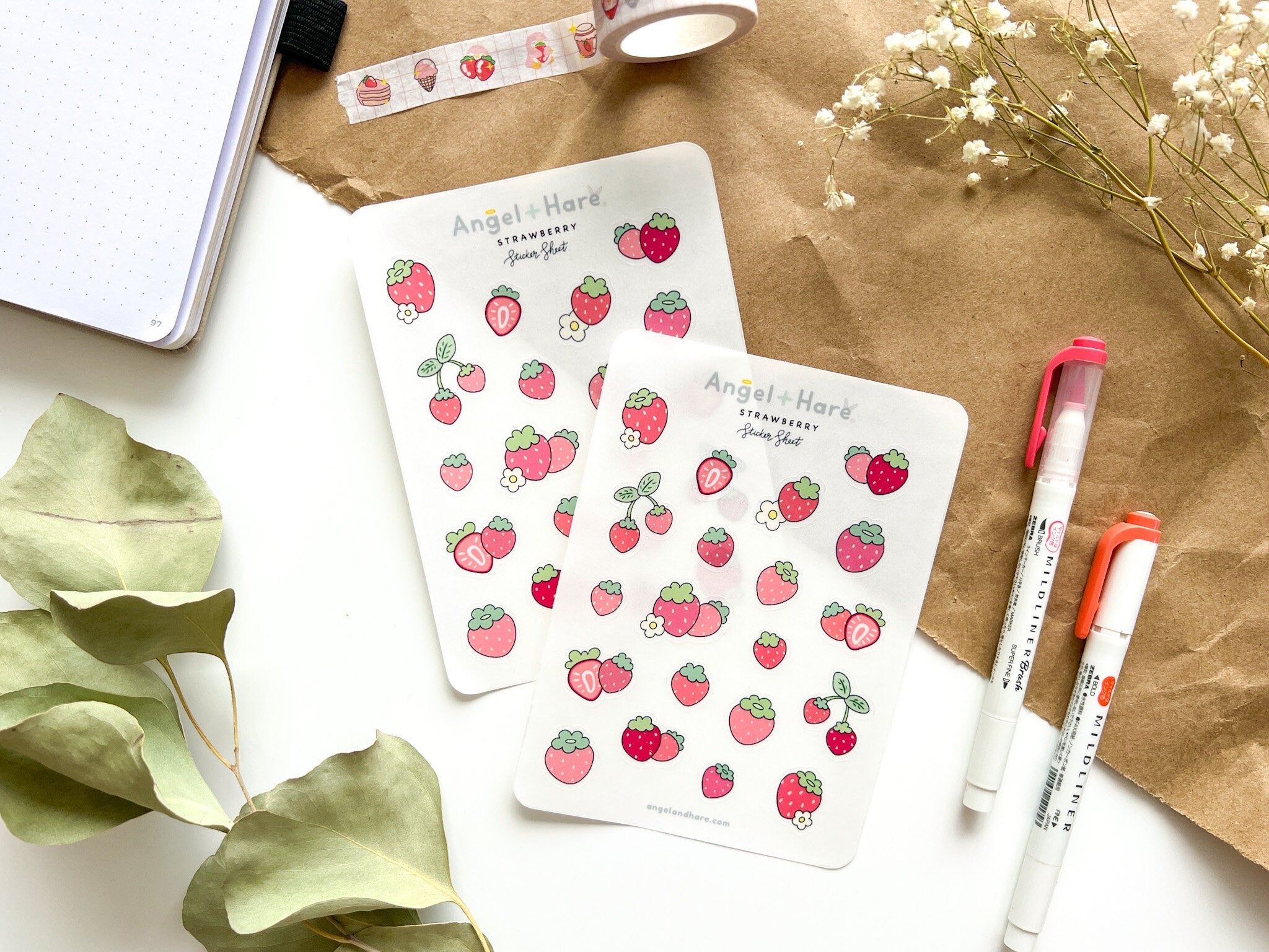Strawberry Sticker Sheet | Clear Frosted Matte Journal Strawberry Field Transparent Washi Planner Stickers Summer Fruit Pink Strawberries