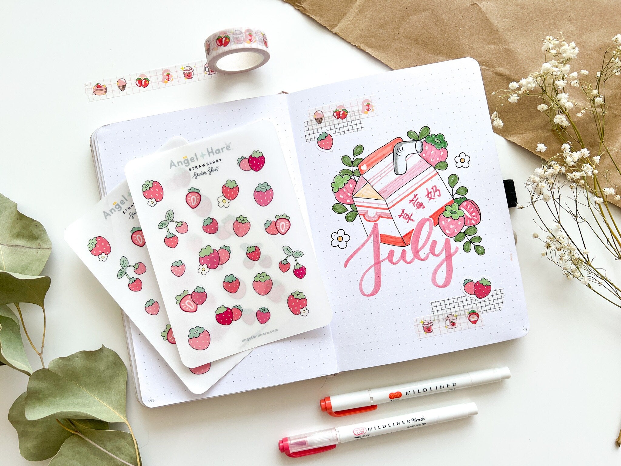 Strawberry Sticker Sheet | Clear Frosted Matte Journal Strawberry Field Transparent Washi Planner Stickers Summer Fruit Pink Strawberries