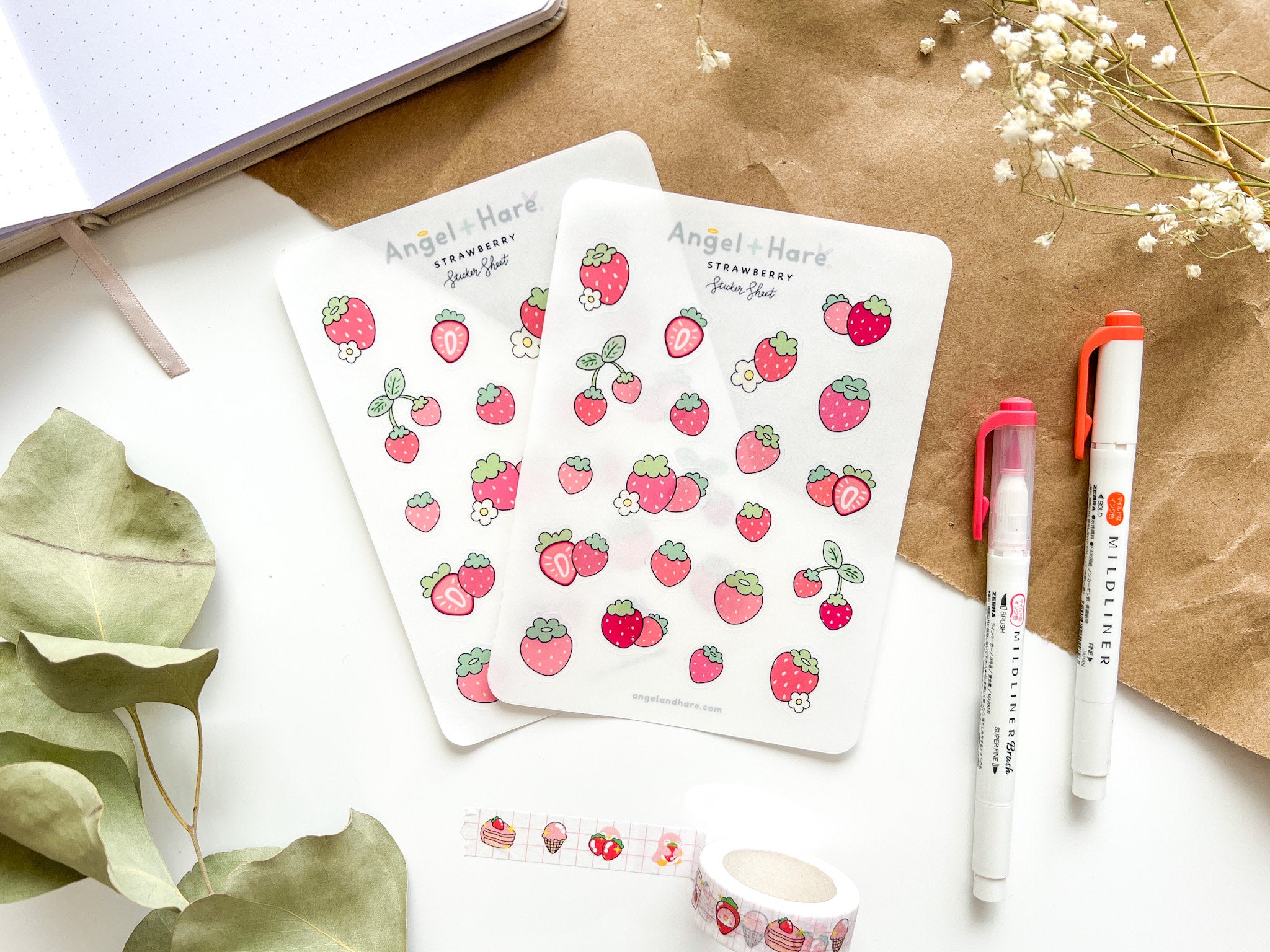 Strawberry Sticker Sheet | Clear Frosted Matte Journal Strawberry Field Transparent Washi Planner Stickers Summer Fruit Pink Strawberries