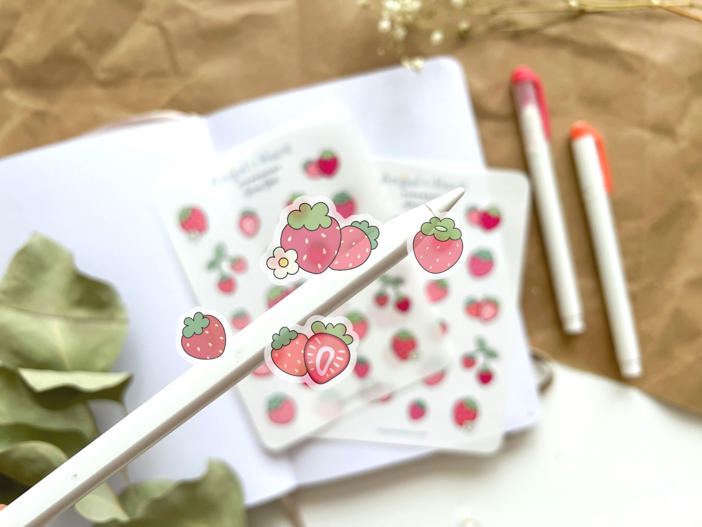 Strawberry Sticker Sheet | Clear Frosted Matte Journal Strawberry Field Transparent Washi Planner Stickers Summer Fruit Pink Strawberries