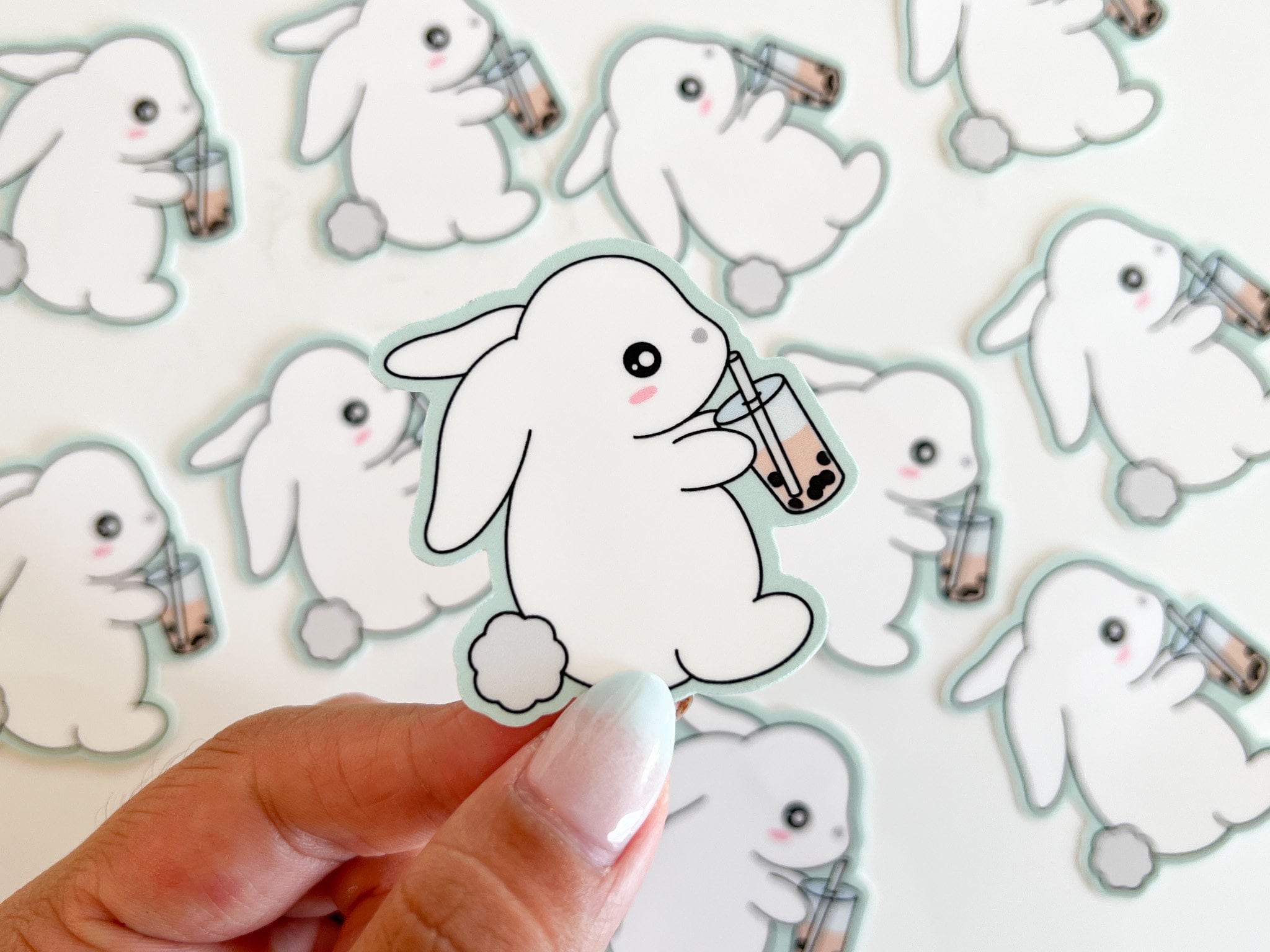 Boba Bunny Waterproof Sticker | Rabbit Vinyl Die Cut Laptop Sticker Cute Animal Bubble Tea Durable Water Bottle Stickers | Angel + Hare