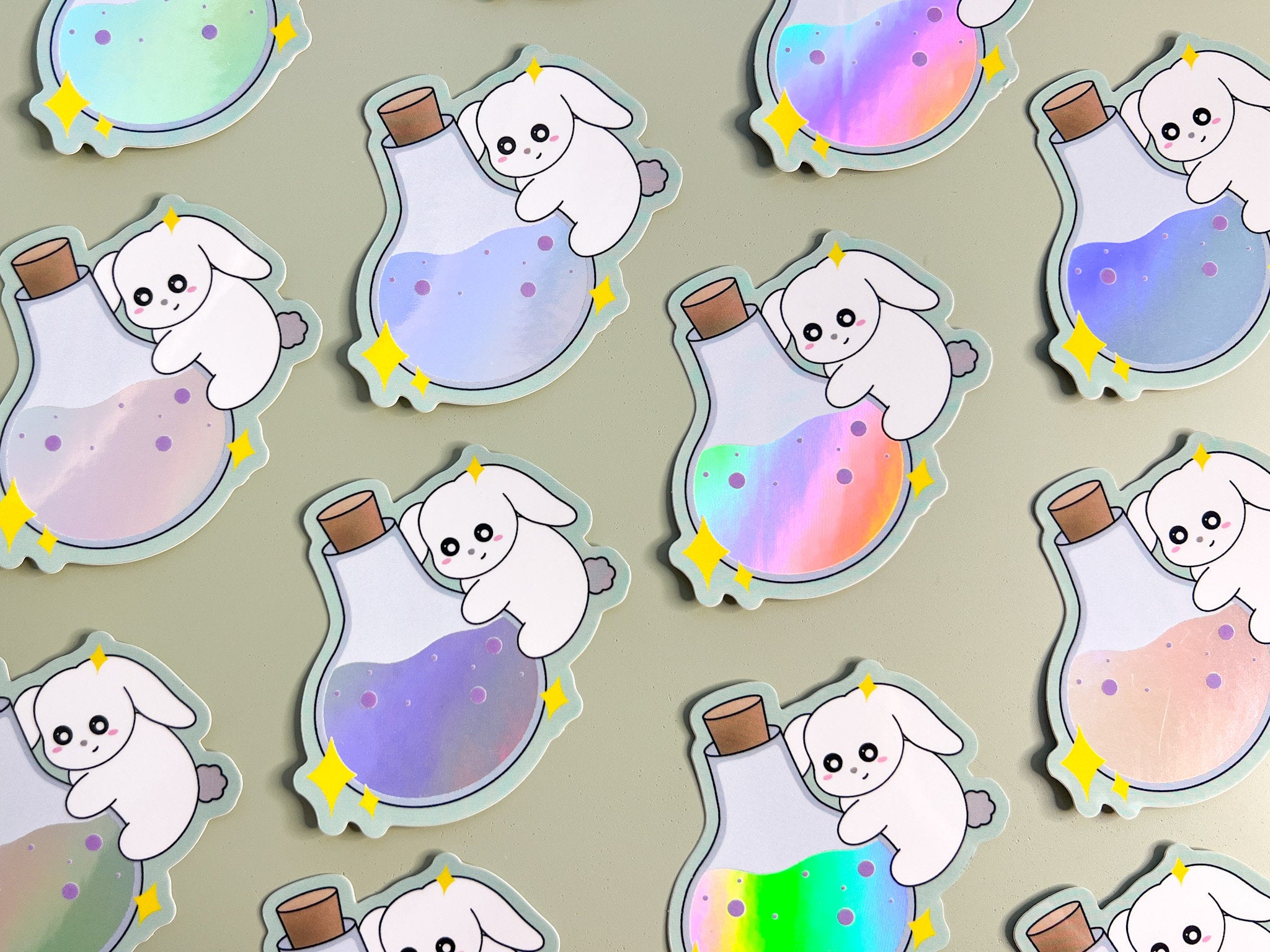 Potion Bunny Holographic Sticker | Cute Holo Rainbow Rabbit Sticker Spooky Kawaii Bunny Witches Potion Bottle Vinyl Waterproof Stickers