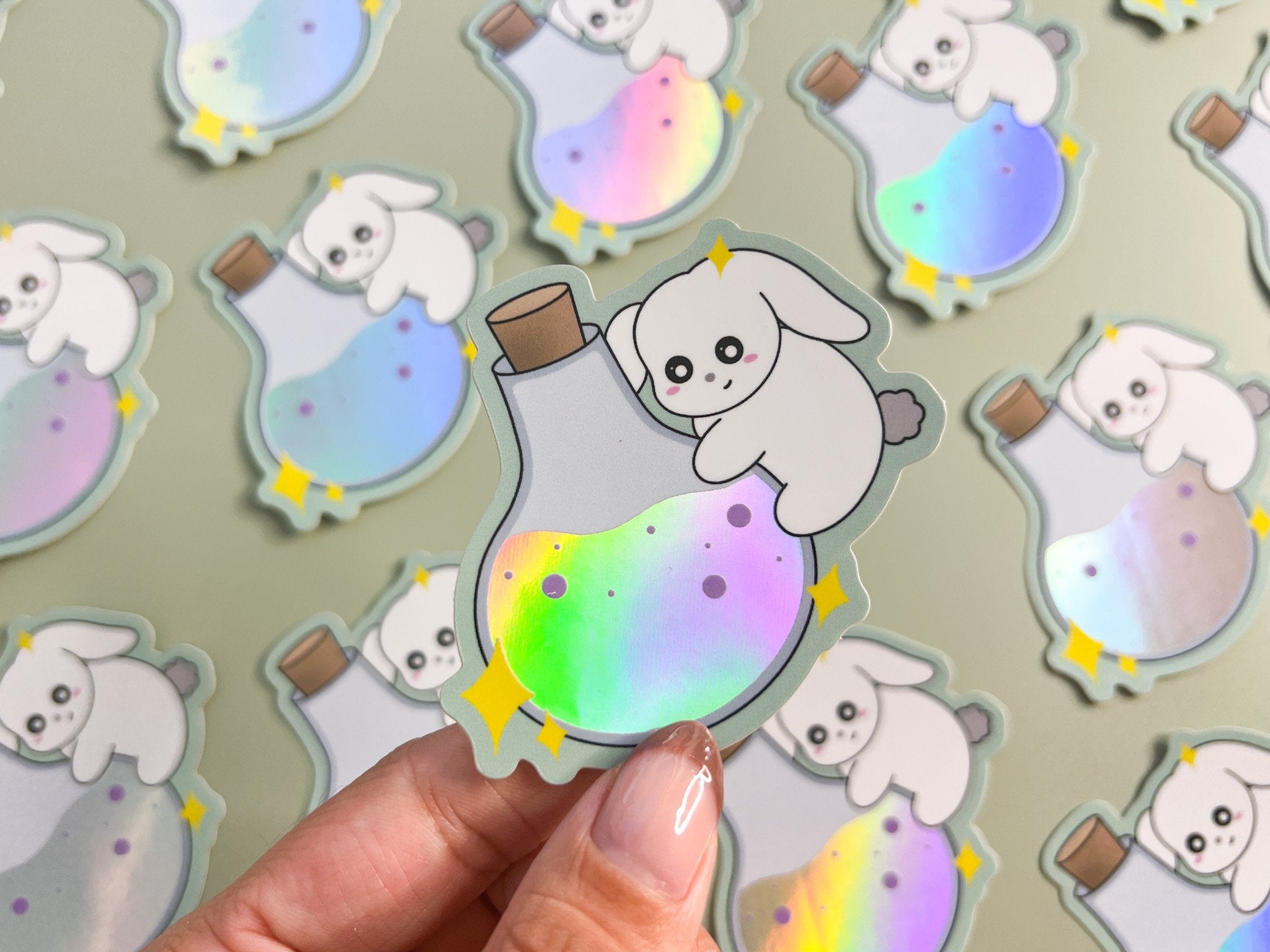 Potion Bunny Holographic Sticker | Cute Holo Rainbow Rabbit Sticker Spooky Kawaii Bunny Witches Potion Bottle Vinyl Waterproof Stickers