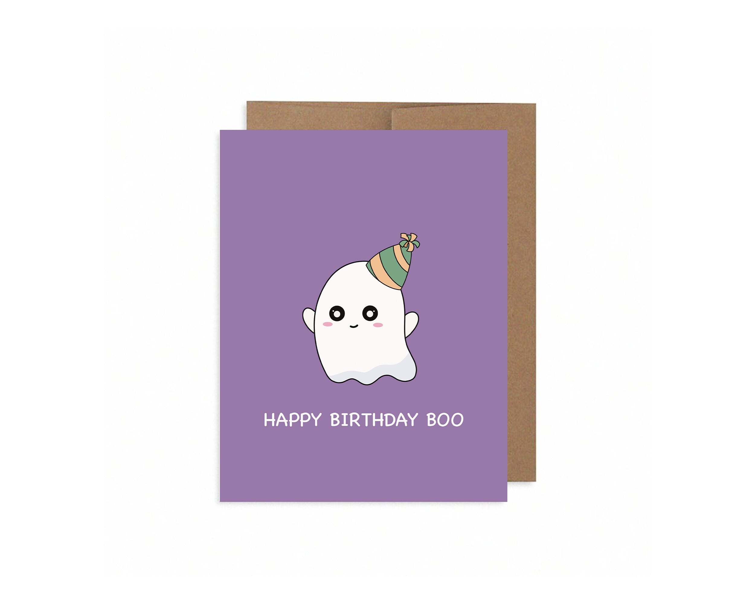 Happy Birthday Boo | Cute Ghost Birthday Card Spooky Halloween October Birthday Cards Funny Greeting Card Kawaii Ghost | Angel + Hare