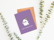 Happy Birthday Boo | Cute Ghost Birthday Card Spooky Halloween October Birthday Cards Funny Greeting Card Kawaii Ghost | Angel + Hare