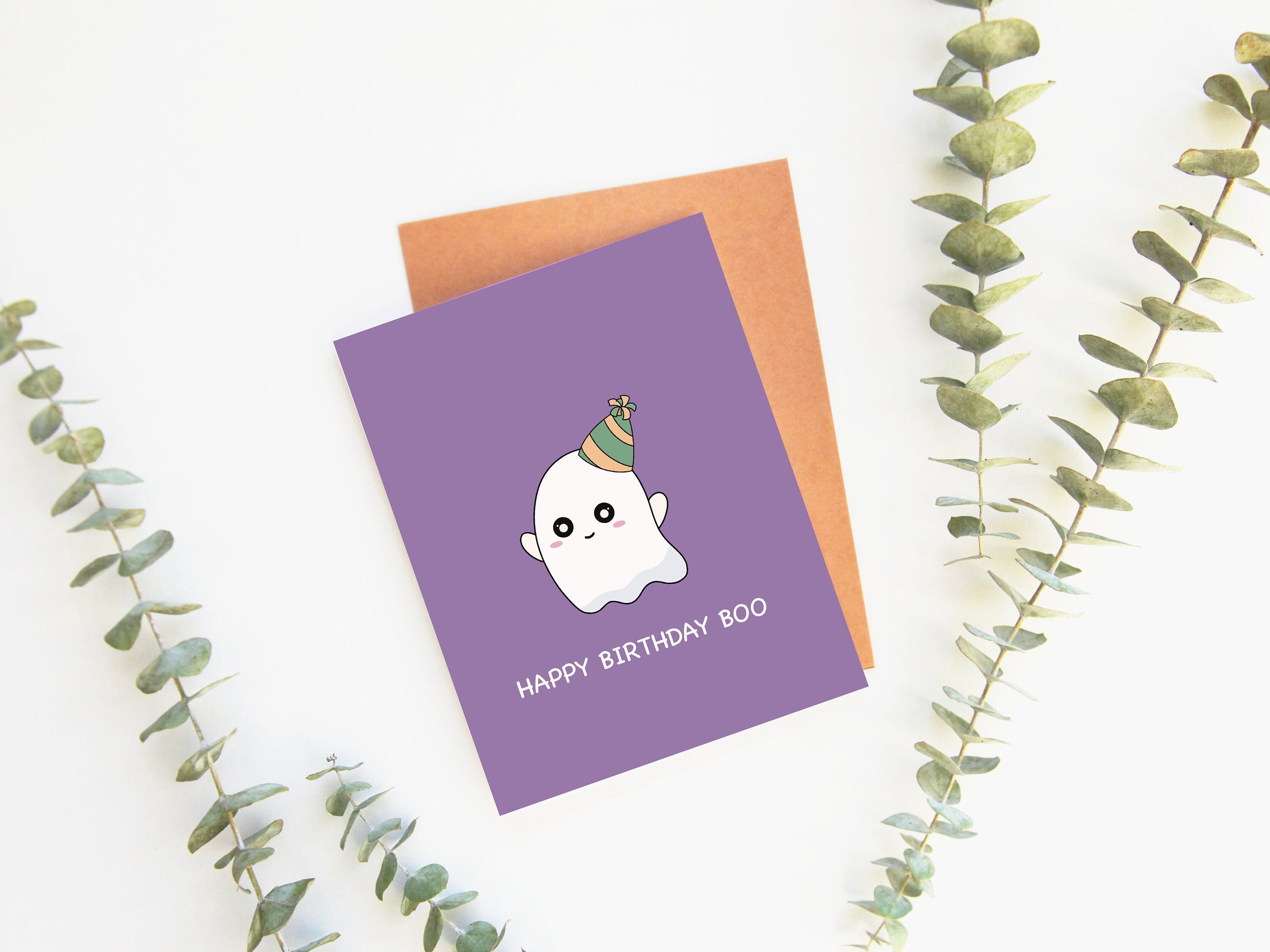 Happy Birthday Boo | Cute Ghost Birthday Card Spooky Halloween October Birthday Cards Funny Greeting Card Kawaii Ghost | Angel + Hare