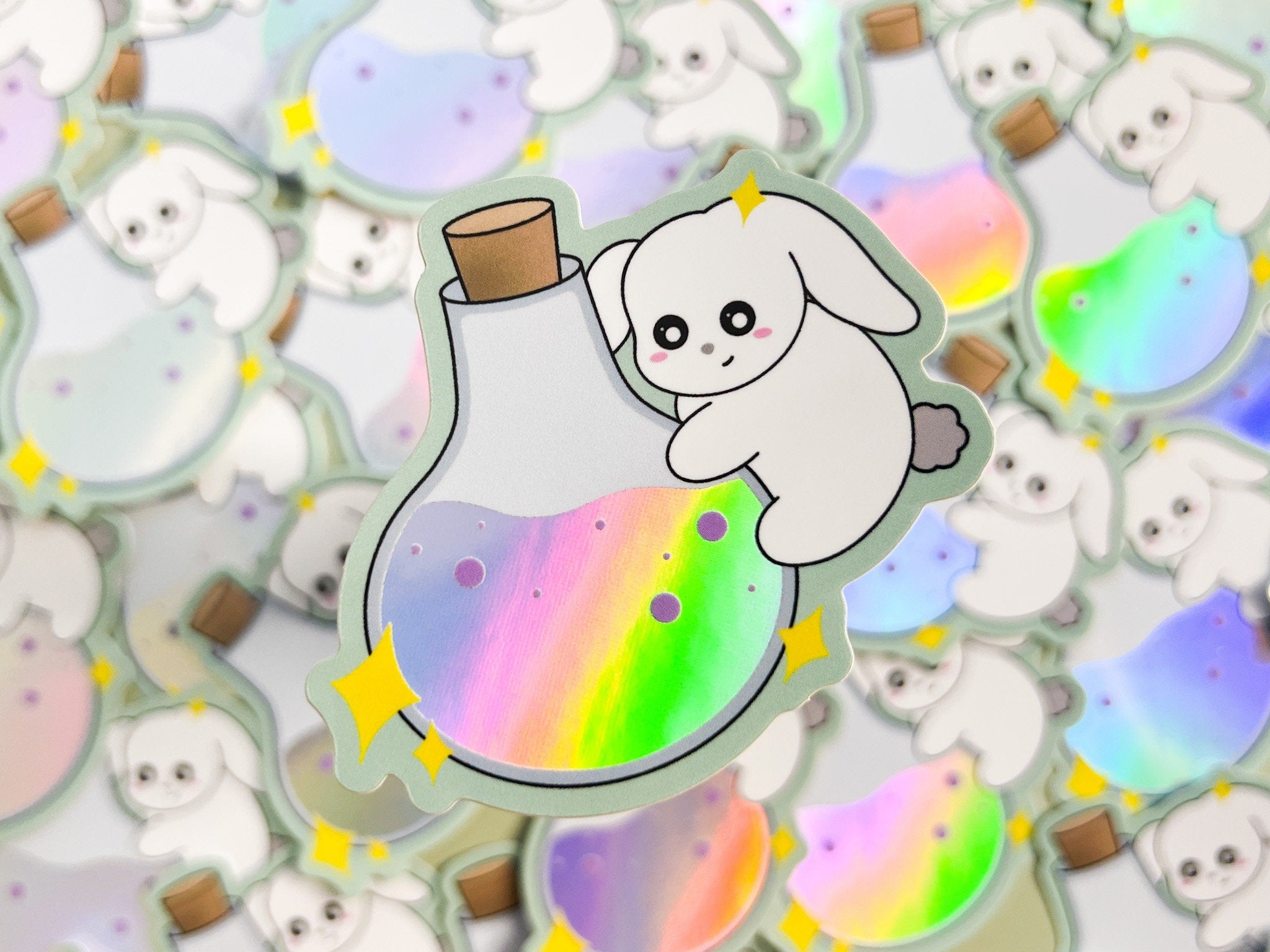 Potion Bunny Holographic Sticker | Cute Holo Rainbow Rabbit Sticker Spooky Kawaii Bunny Witches Potion Bottle Vinyl Waterproof Stickers