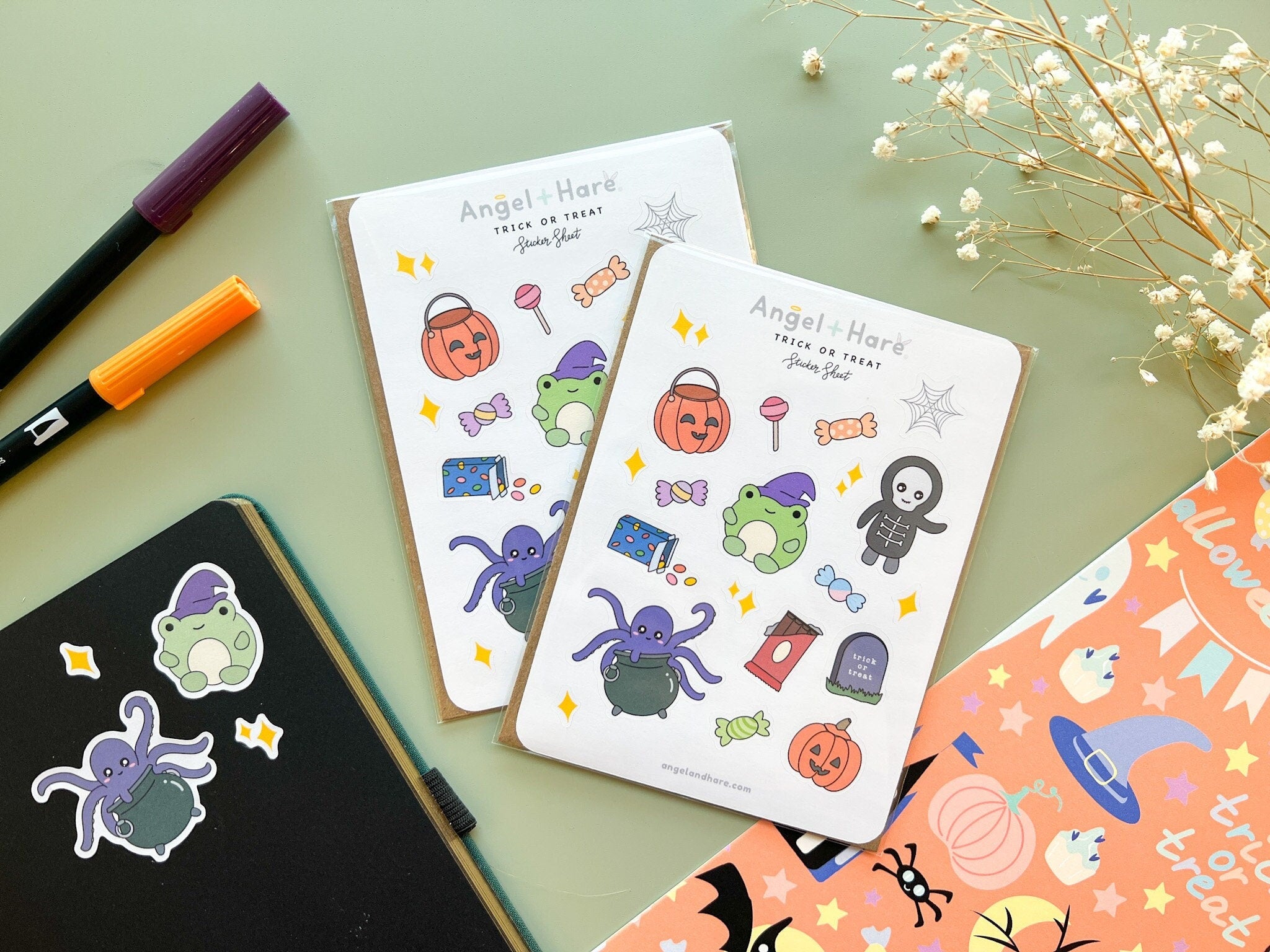 Trick or Treat Sticker Sheet | Halloween October Spooky Season Fall Pretty Journal Cute Stickers Witchy Frog Pumpkin Candy Octopus Skeleton