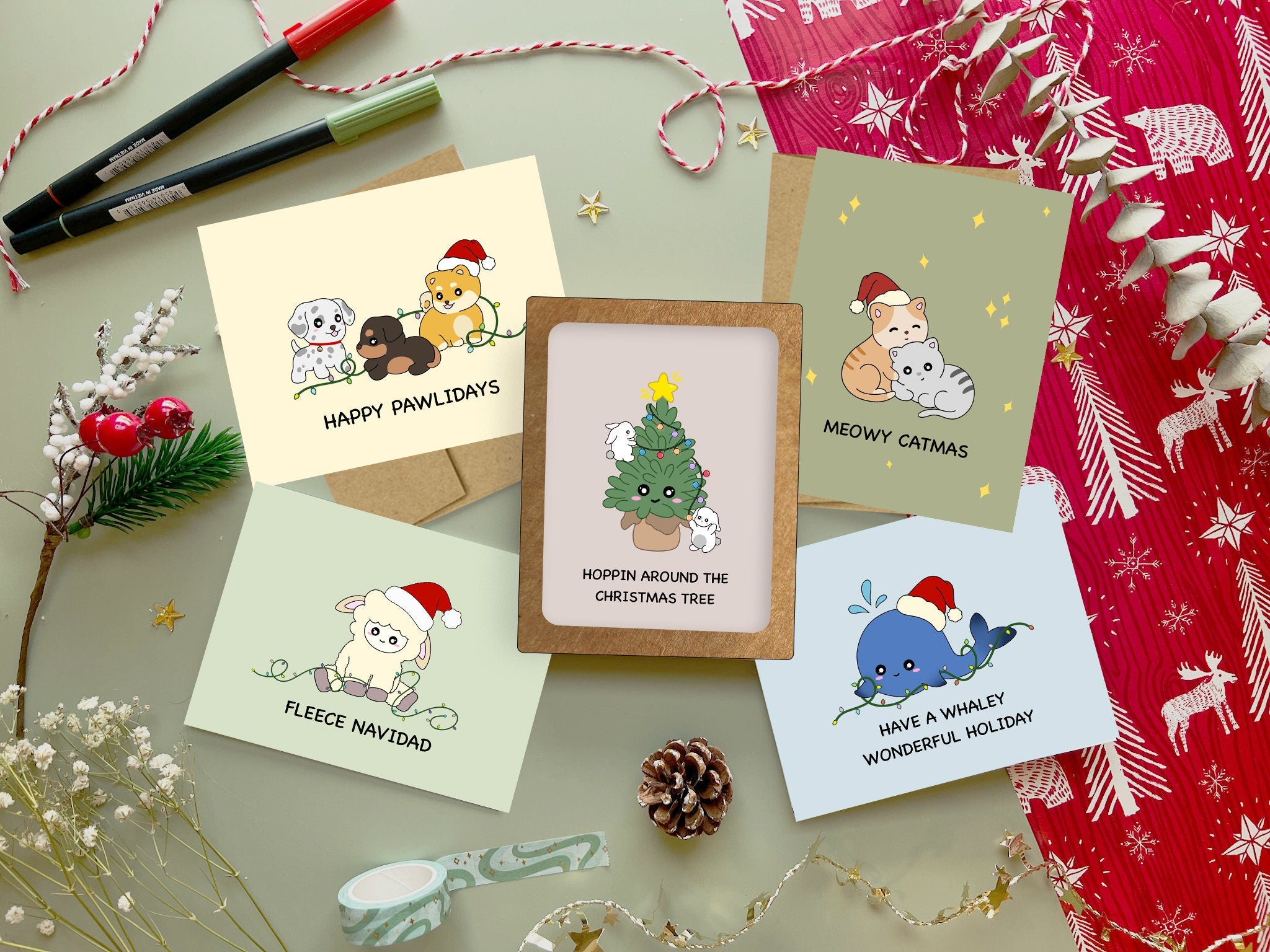 Happy Pawlidays | Cute Puppy Christmas Card Happy Holiday Dog Cards Funny Greeting Card Xmas Gift Kawaii Christmas Cards | Angel + Hare