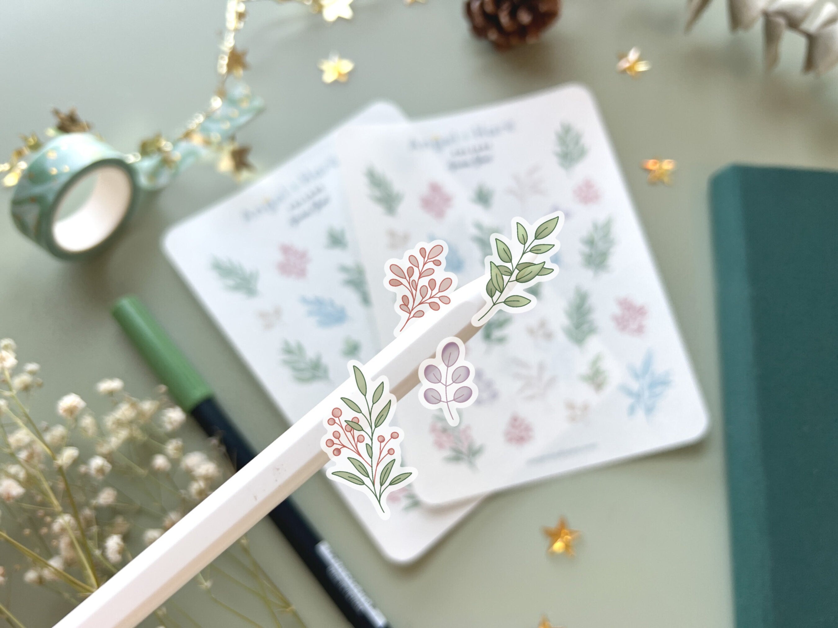 Foliage Sticker Sheet | Clear Leaves Frosted Matte Pretty Journal Stickers Aesthetic Floral Leaf Branches Transparent Washi Deco Stickers